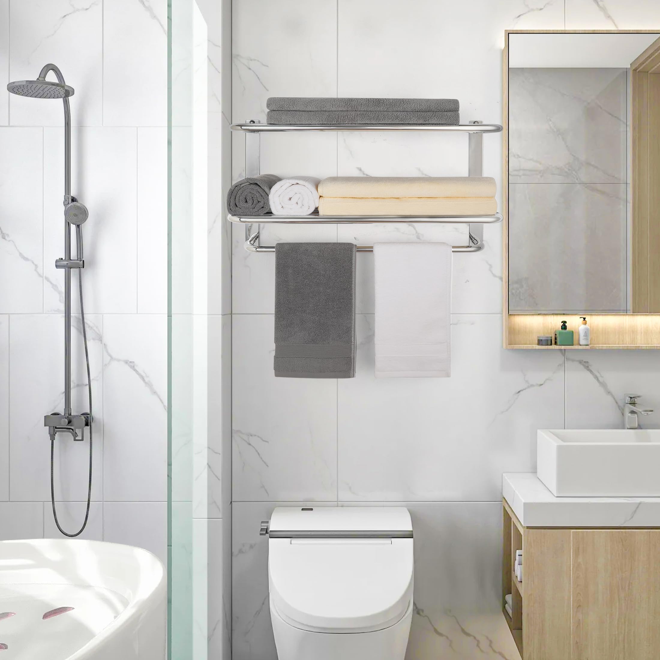 Towel Rack for Bathroom, DEWVIE 24 Inch Tower Holder with Tower Bars, SUS 304 Stainless Steel Lavatory Bath Towel Shelf Towel Hanger Wall Mount, 3-Tier (Brushed Nickel)