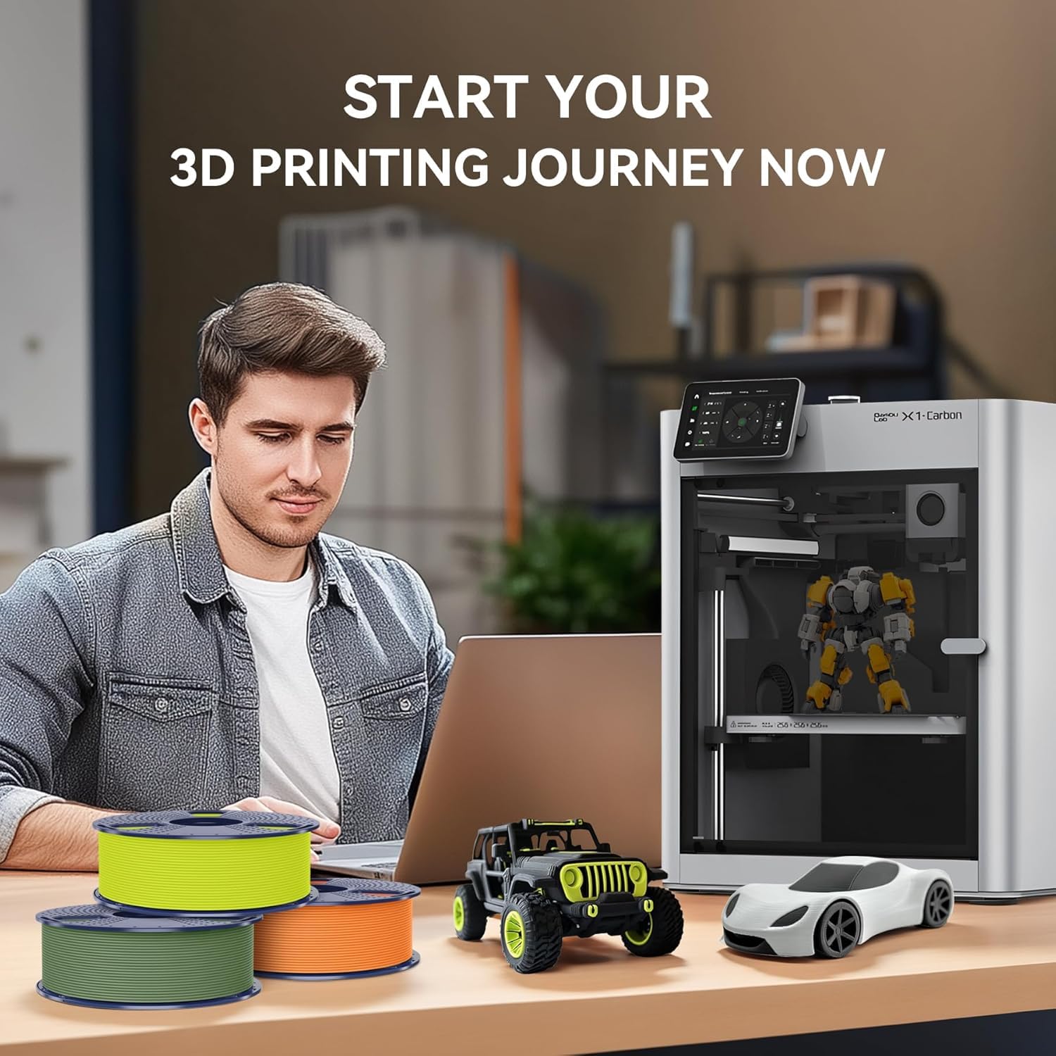 SUNLU 4KG Paquete de Filamentos PLA Mate, Filamento para Impresora 3D PLA con Acabado Mate de 1.75 mm ±0.02 mm, 1kg por Bobina, 4 Paquetes (Negro+Verde oliva+Gris+Amarillo fluorescente)