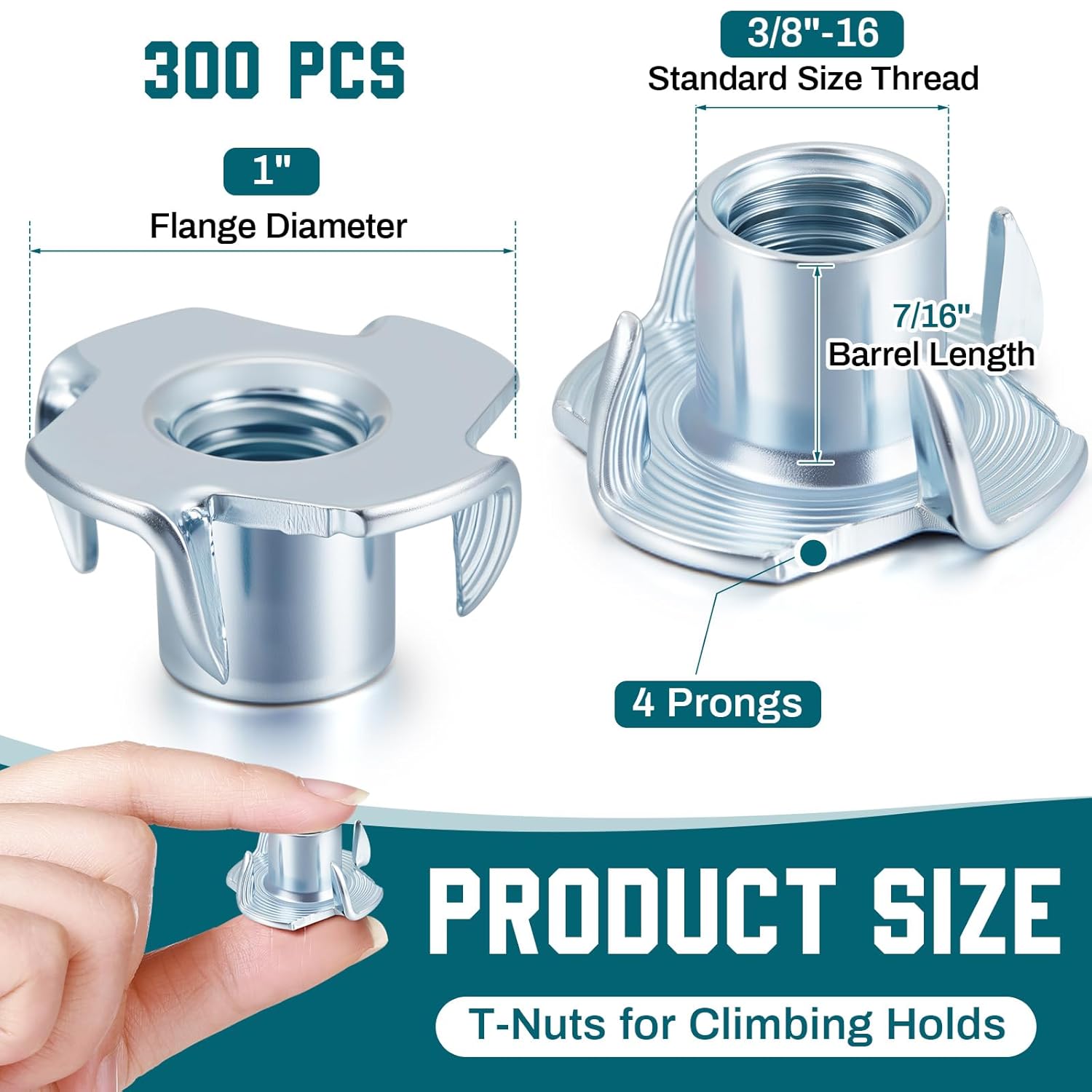 300 Pcs T-Nuts 3/8"-16, Zinc-Plated Steel Corrosion Resistant, 7/16" Barrel Length, 4-pronged Tee Nut for Cabinetry, Rock Climbing Holds, Wood