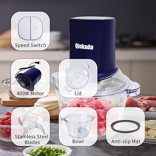 Miniatura 4 de Qinkada Procesadores de alimentos con 2 cuencos, picadora de carne de 400 W, picadora eléctrica de alimentos, 2 velocidades, vidrio de 8 tazas y 8