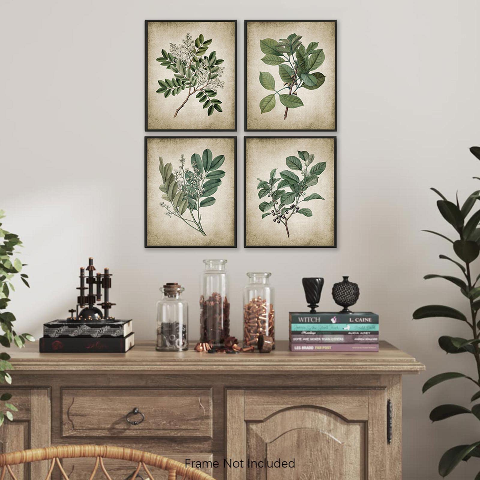 Vintage Botanical Wall Art Prints Set of 4, Neutral Botanical Plant Prints Retro Botany Green ...