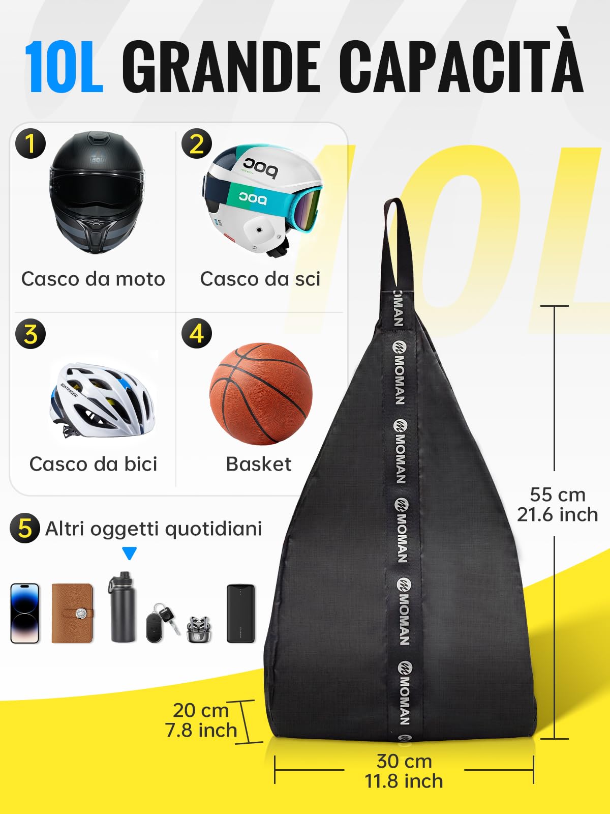Moman Zaino Moto, B1 Zaino per Casco Riflettente Borsa Porta Casco Portatile 10L Grande Capacità per Ciclismo, Bicicletta, Casco da Moto, Caschi da Sci, Basket