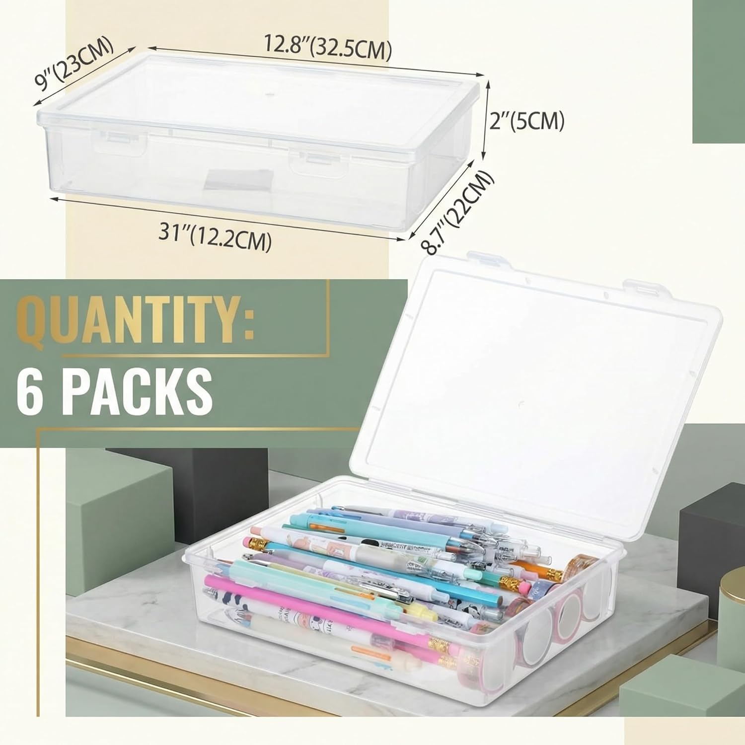 Qunclay 6 Pcs 13'' X 9'' X 2'' Plastic Storage Box with Lid Multipurpose Craft Organizers Plastic Containers Clear Pencil Case Art Satchel Storage Case for Beads Ornaments Crafts Accessories - Image 2