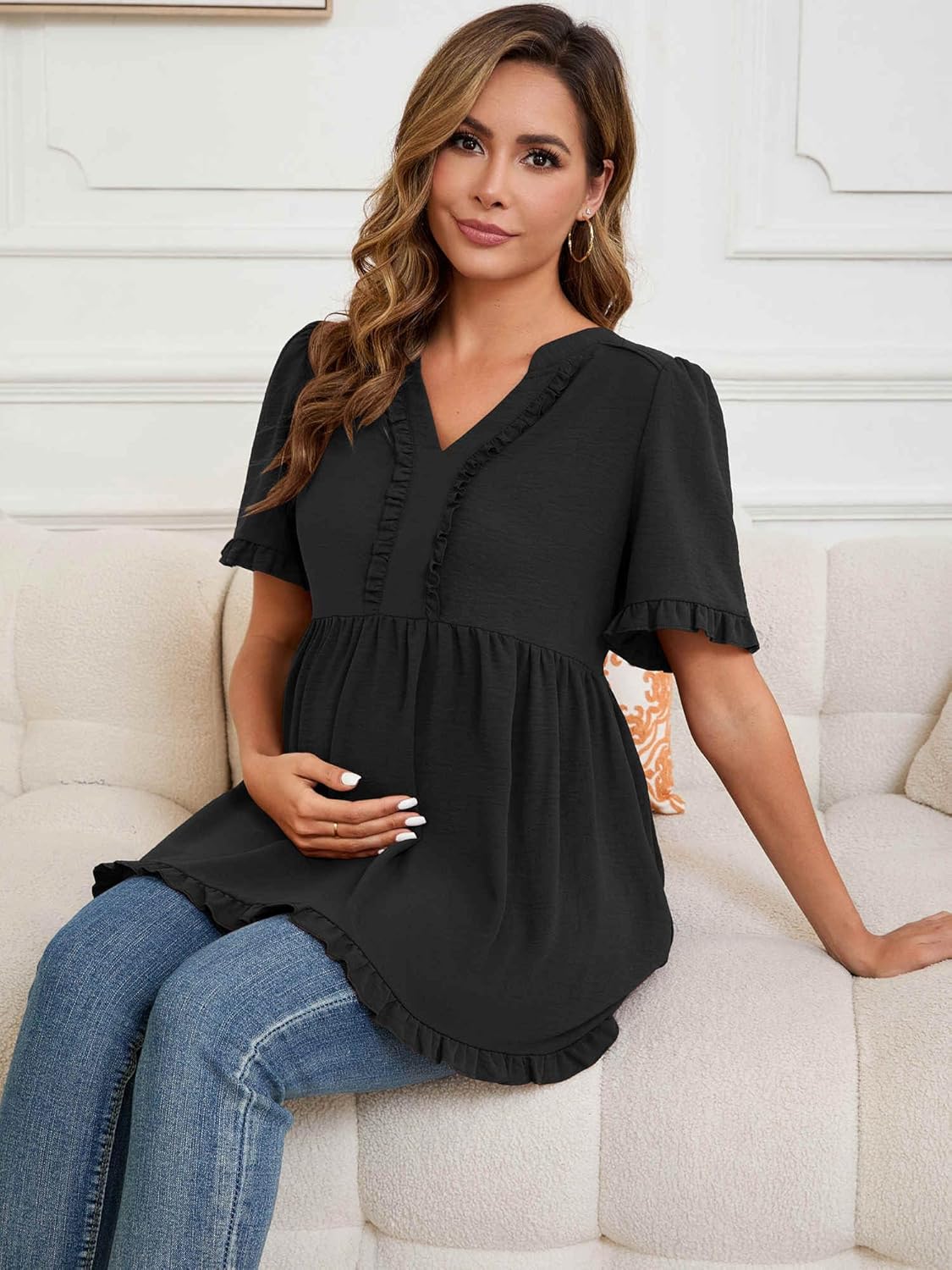 Women Maternity Blouse Boho Ruffled V Neck Short Sleeve Shirts Flowy Loose Casual Tops Clothing 2026 - Image 5