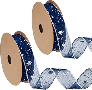 PATIKIL Organza Star Ribbon Wired, 2 Roll 1 Inch Wide 20 Yards Christmas Tree Print Sheer Glitter Ribbon for Gift Wrapping Garland Bouquet Ornaments Party Decorations, Navy Blue