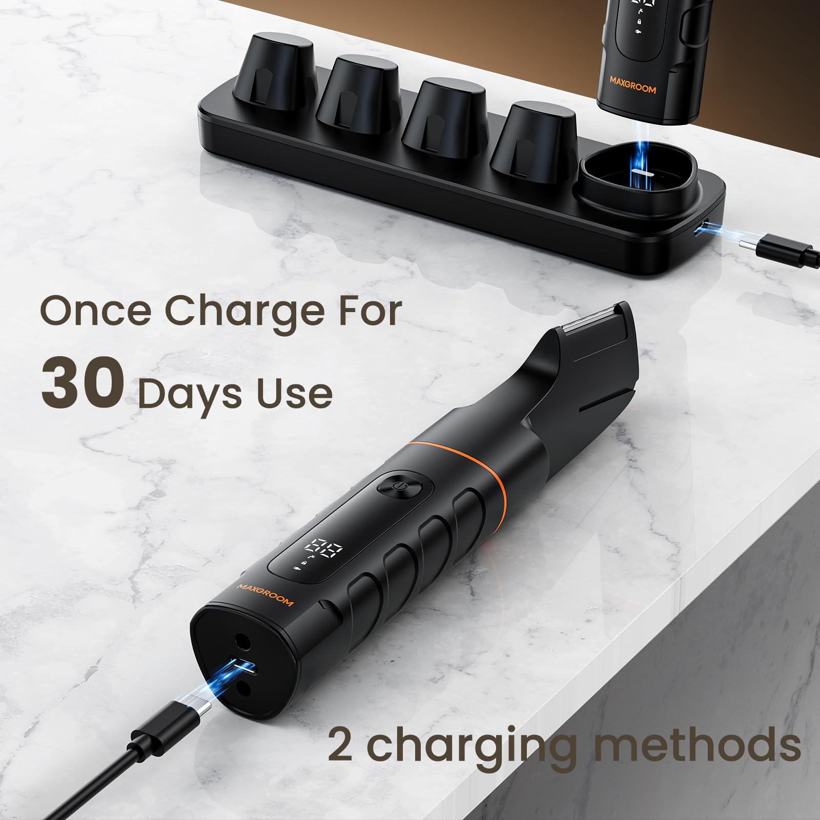 5-IN-1 Intimrasierer Mann, MAXGROOM Körperrasierer Herren mit Ladestation, IPX6 Wasserdichter Rasierer Herren Elektrisch für Intimbereich, Bart, Körper, Hoden und Scham, 120 Min Akku, Mit LED-Anzeige