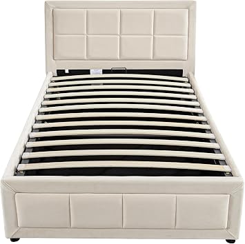 Upholstered Ottoman Bed Single Bed Frame UKFR Velvet Beige Ottoman Storage Bed With Gas Lift End Opening Wooden Slats With Storage Bed (3ft Single 90 x 190, No Mattress)