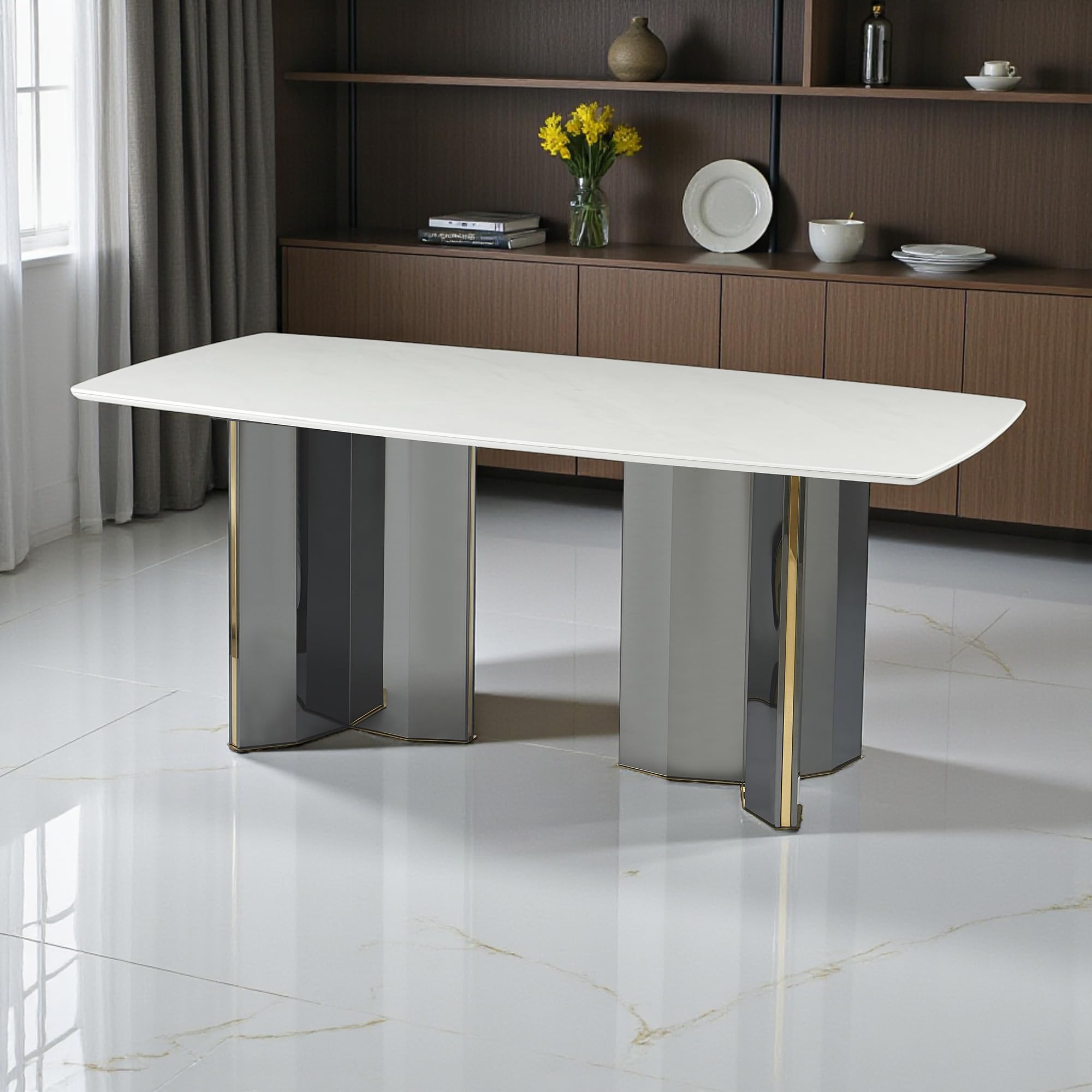 The Attic Valente Dining Table 180 cms | White Stone Top with Copper Base | Modern 6-Seater Designer Dining Furniture for Contemporary Homes-image-35