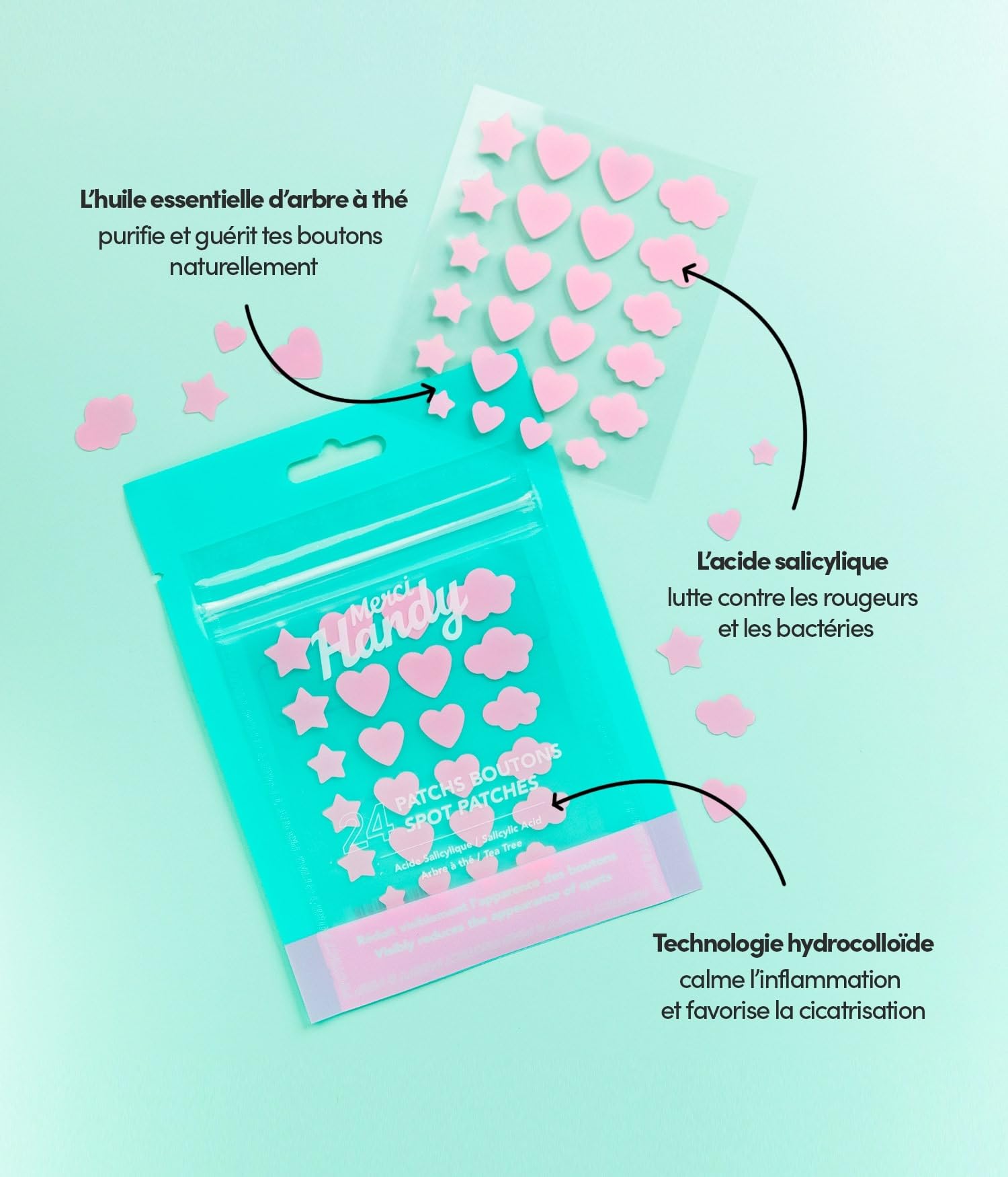 Merci Handy - Patchs Boutons - 24 Patchs - Technologie Hydrocolloïde, Acide Salicylique, Formes et Tailles Variées