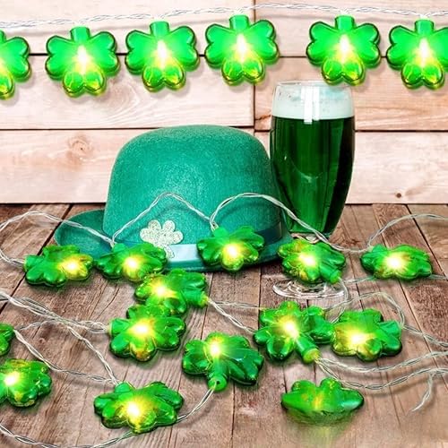 Guirnalda de luces de trébol para el día de San Patricio, 10 pies, 20 luces LED de trébol verde, decoración del día de San Patricio, fiesta
