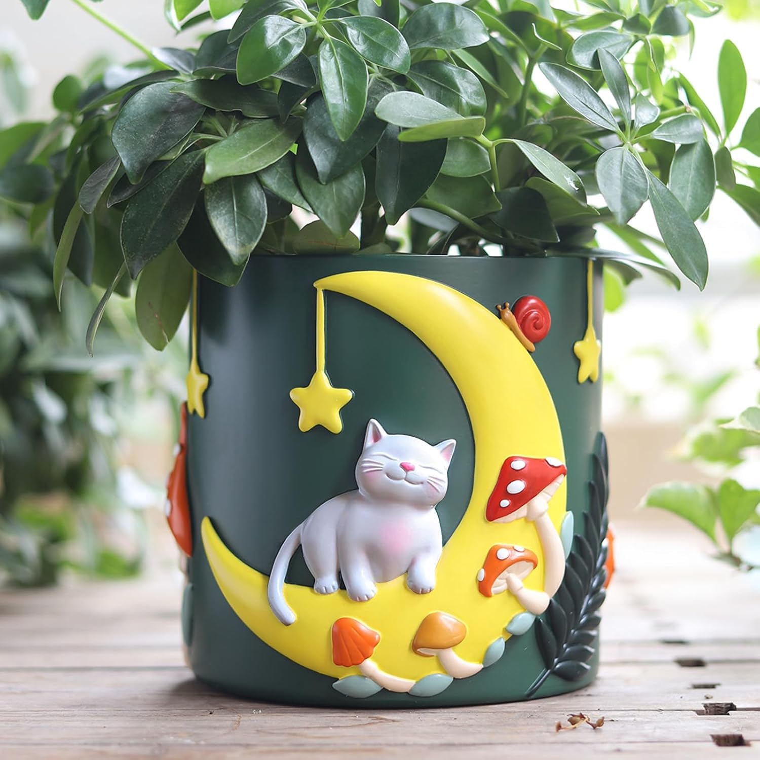 AmiCera Cute Moon Cat Flower Pots, Rainbow Unique Plant Pot with Drainage