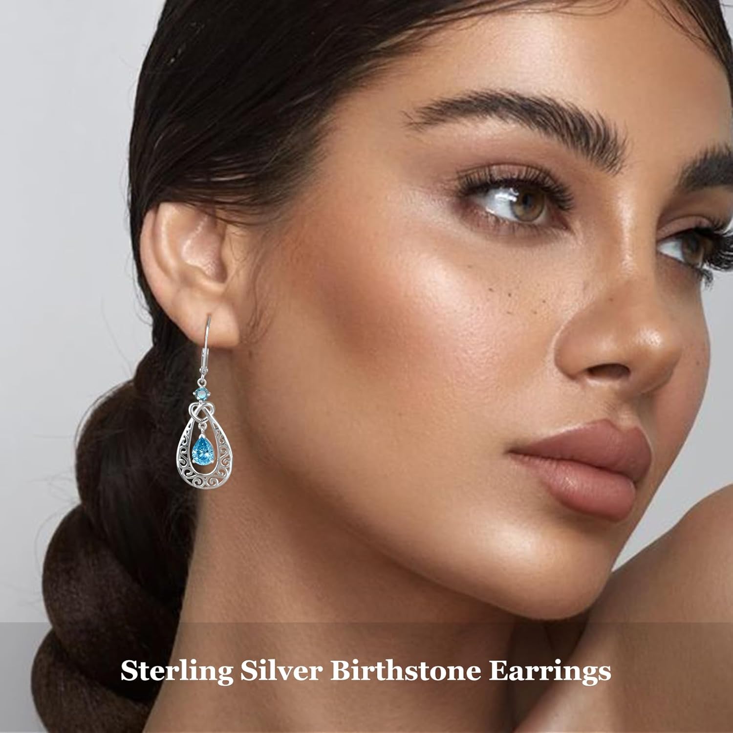 Teardrop Birthstone Dangle Drop Earrings Sterling Silver Infinity Filigree Leverback Earrings, Infinity Love Birthday Anniversary Valentines Day Gifts for Her Women Mom Wife - Image 5