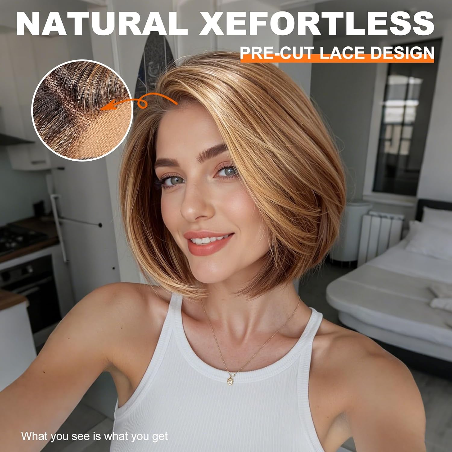 Brown mix Blonde Highlight Synthetic Lace Front Wig,Side Part Short Straight Glueless Bob Wig for White Women Daily Use 10IN (#TT4/243) T-Part Lace #TT4/243
