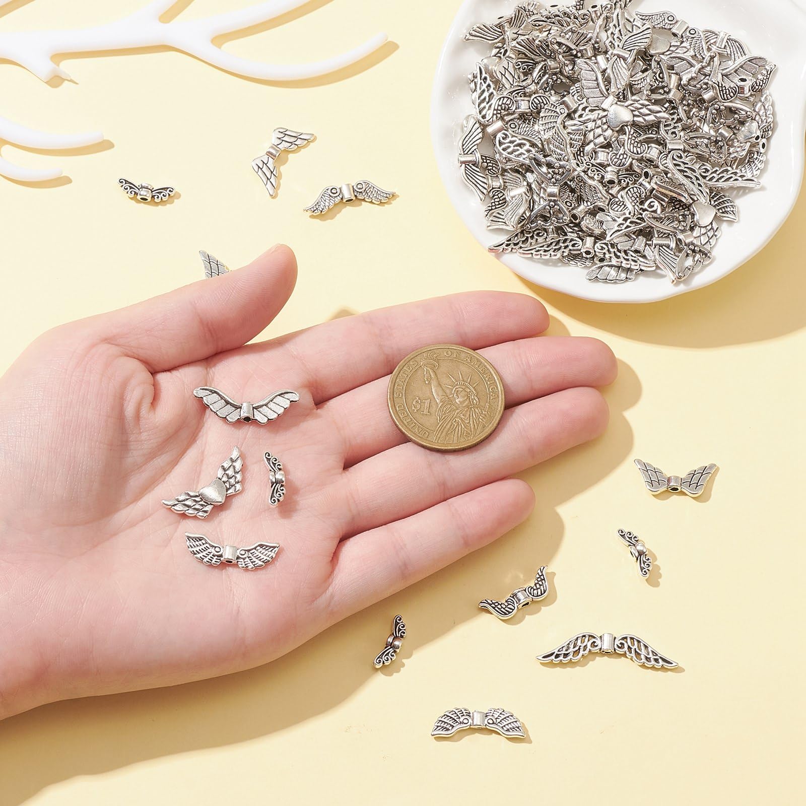 UR URLIFEHALL 100 Pcs 10 Styles Tibetan Silver Fairy Wing Spacer Beads Angel Wings Shaped Beads for Jewellery Making Hair Accessories Crafts - Image 3
