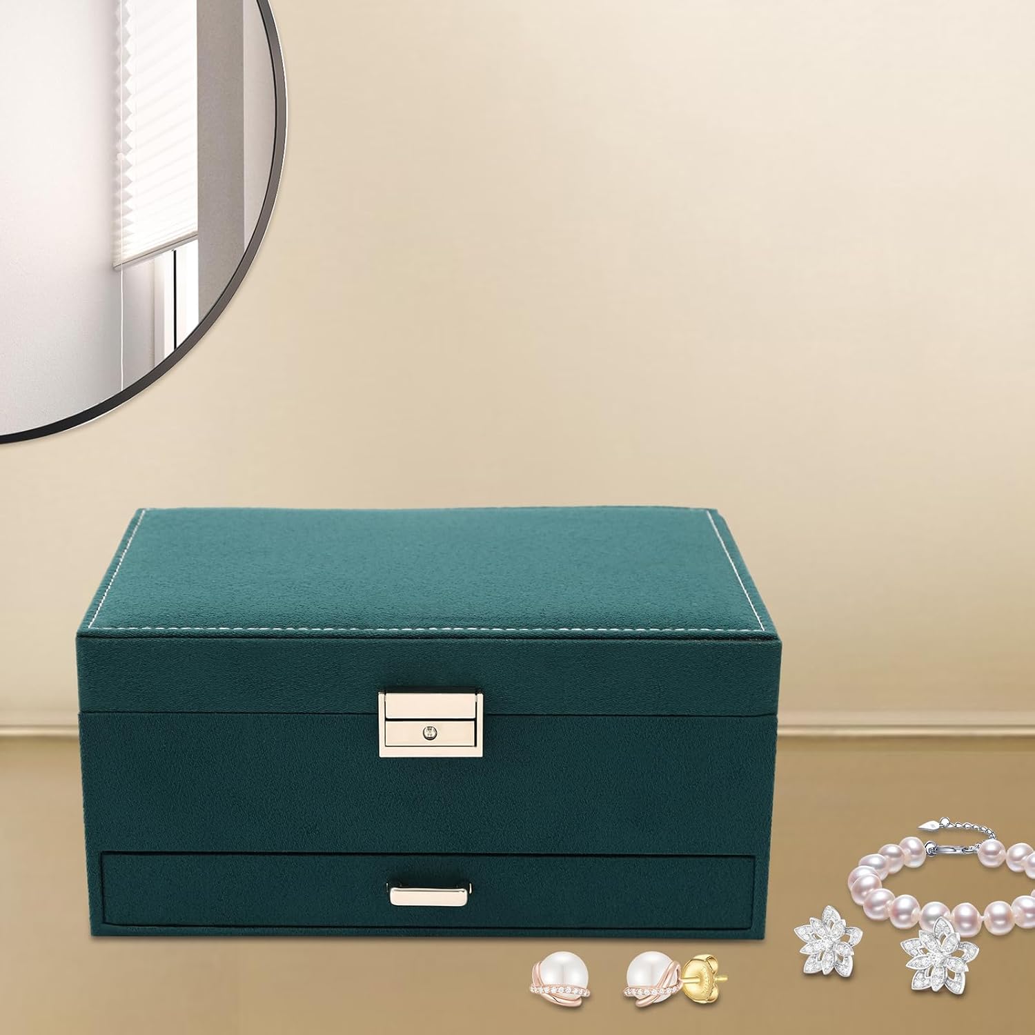 Jewelry Box with Lock for Women, Green Flannel 3-layer Jewelry Organizer Watches Necklace Ring Storage Box