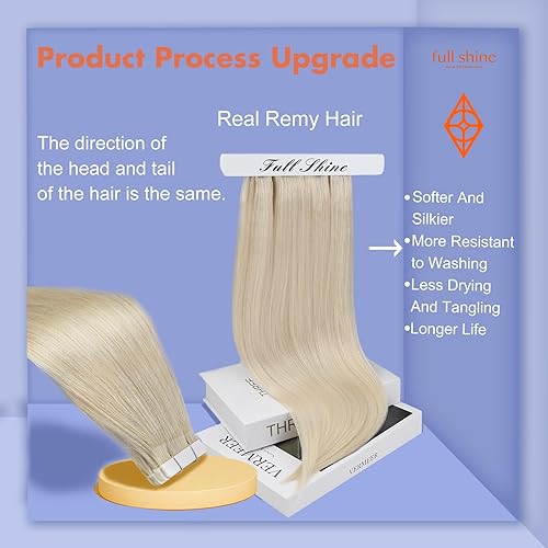 Miniatura 2 de Full Shine - Extensiones de cabello humano real Remy con cinta adhesiva invisible, color 60 (rubio platino), cabello corto, puntas gruesas,