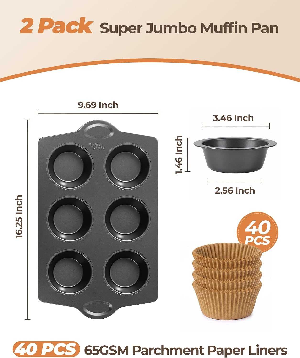 Bake Choice 2 Super Jumbo Muffin Pan for Baking with 40 PC 65GSM Liners