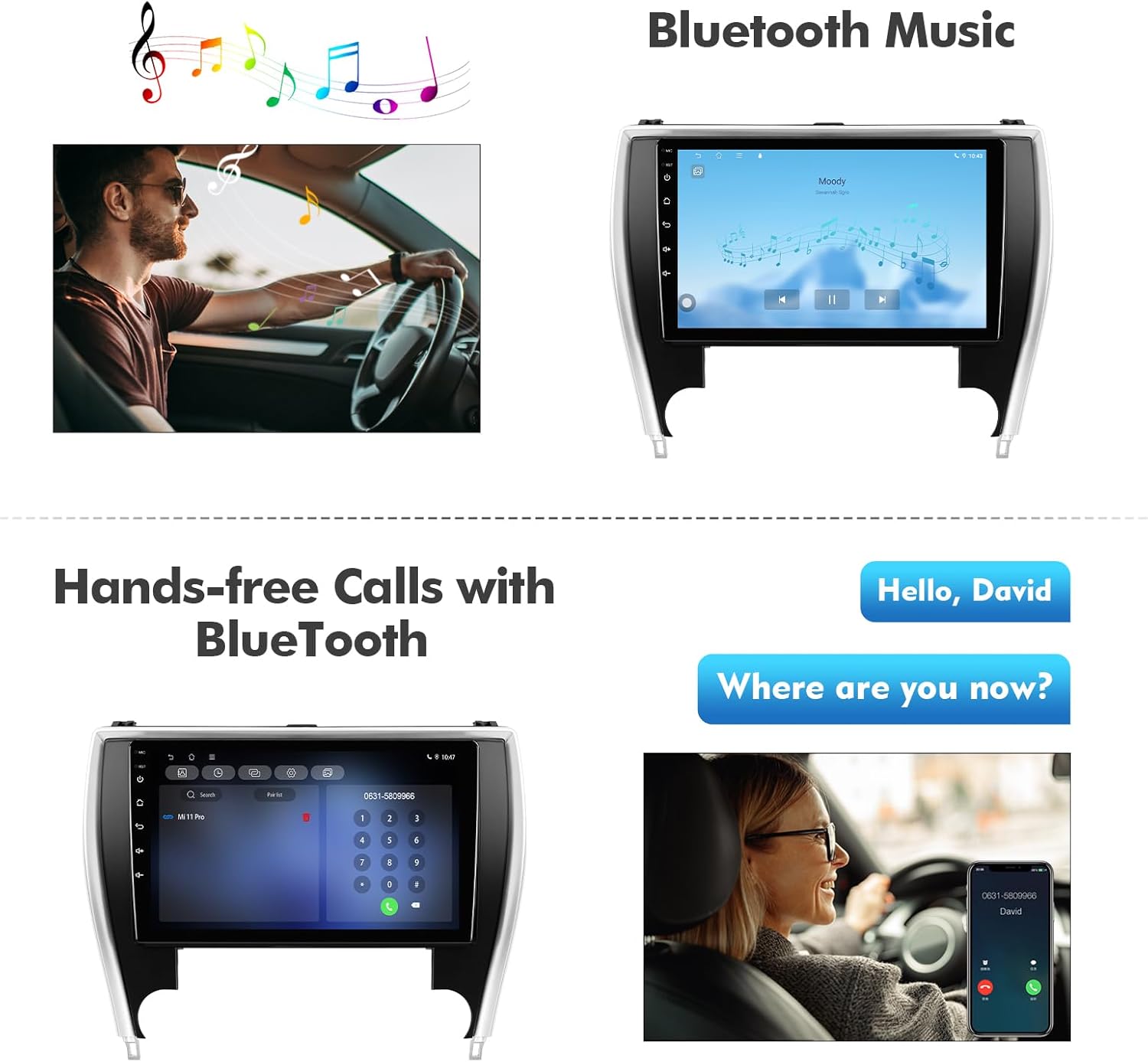 Car stereo display showing Bluetooth music playback and hands-free call interface.