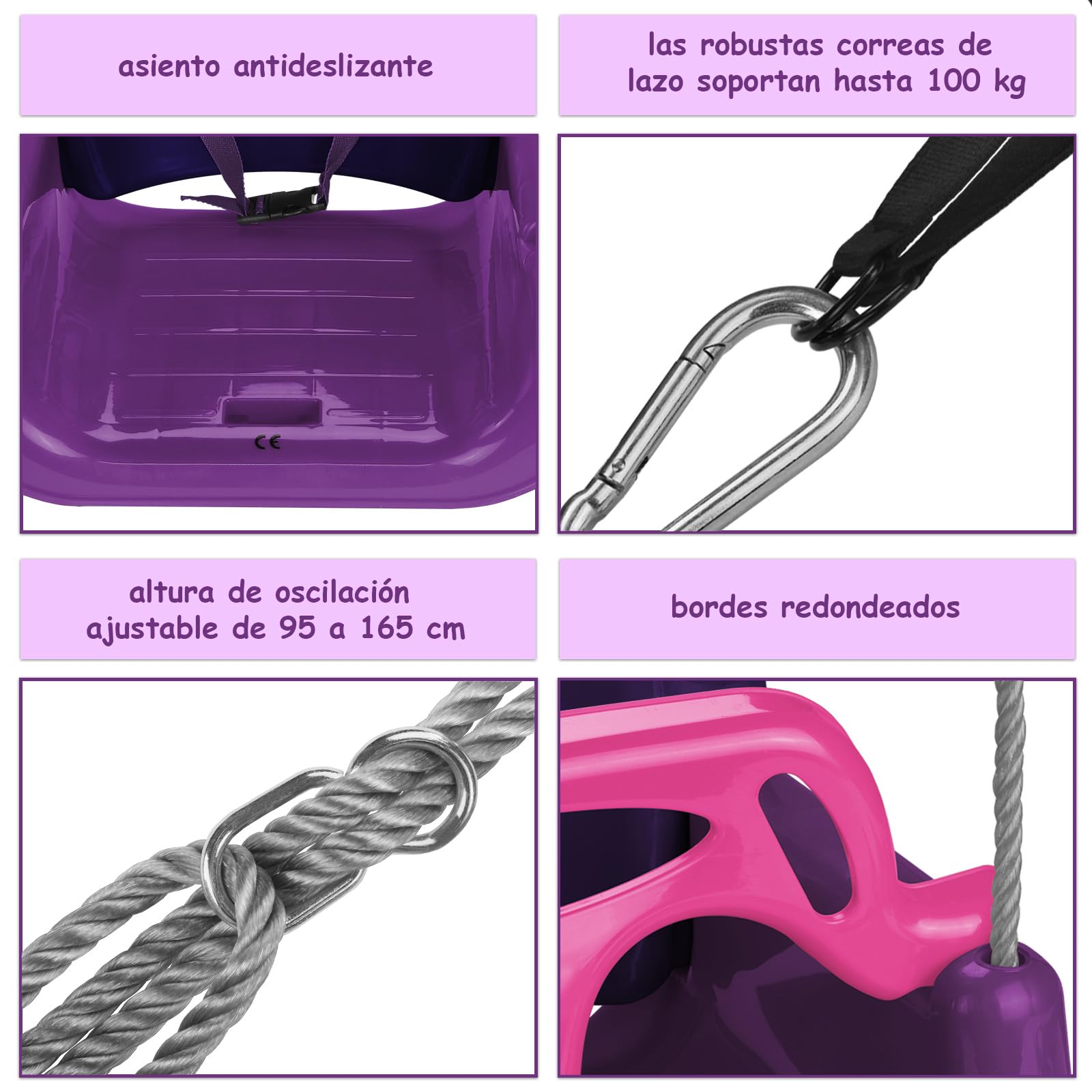 Montafox Columpio para niños bebés 3 en 1 Ajustable en Crecimiento con Respaldo arnés con Correa, Color:Lila