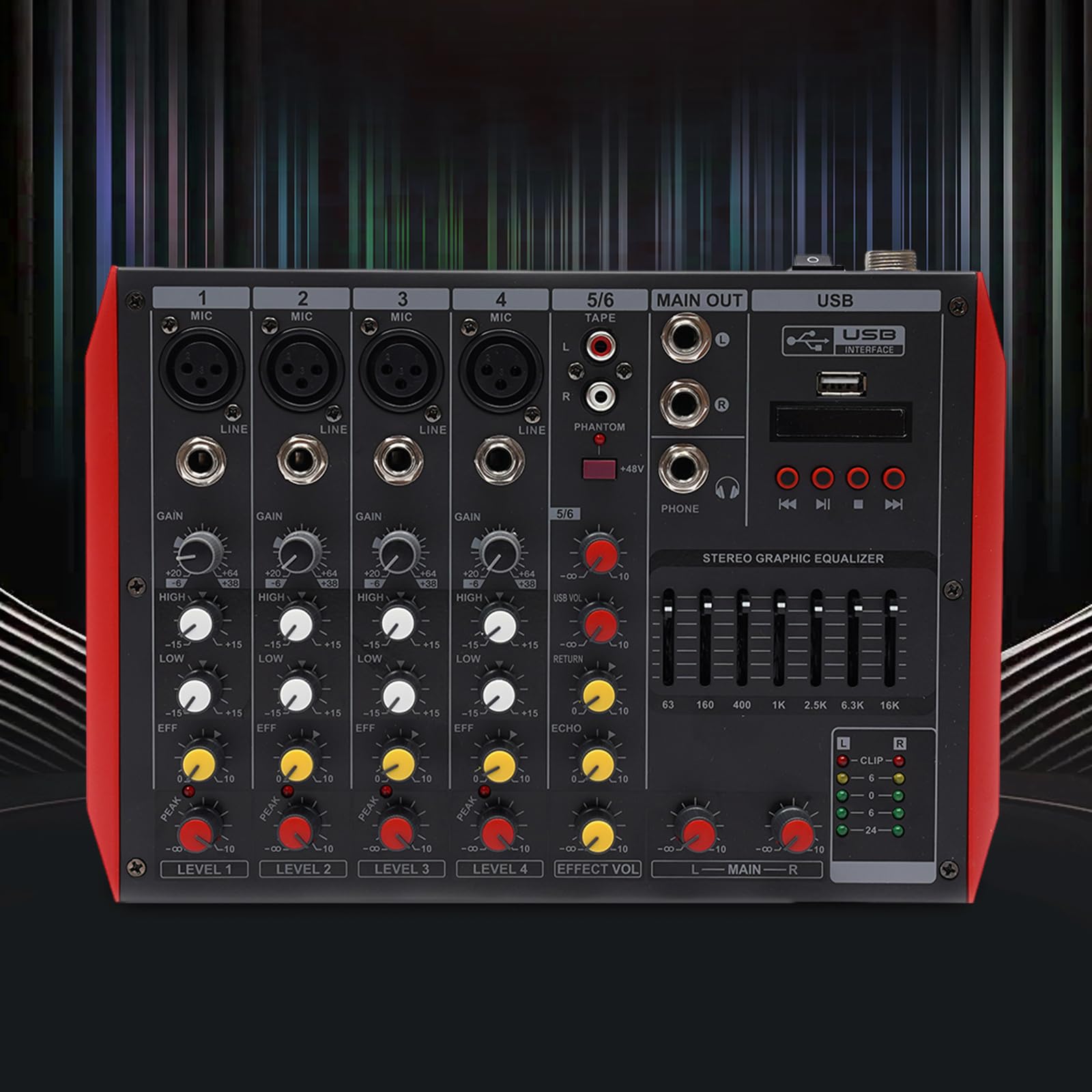 Mixing Console, 48V Phantom Power Stereo Interface Professional Audio Mixer DJ Sound Effects Board Mixing Console Board for Music Studio Recording, Home KTV, Bars (6 Channel Audio Mixer)