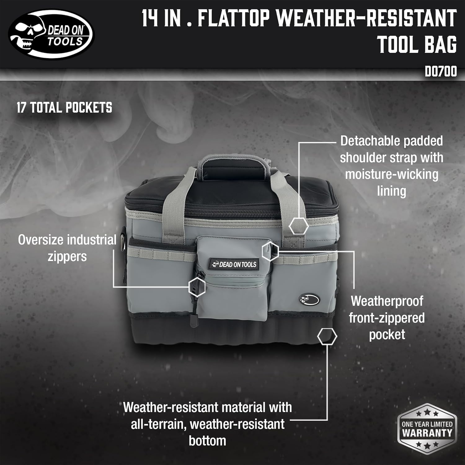 Dead On Tools 14 in. FlatTop Weather Resistant Tool Bag, Gray, One Size