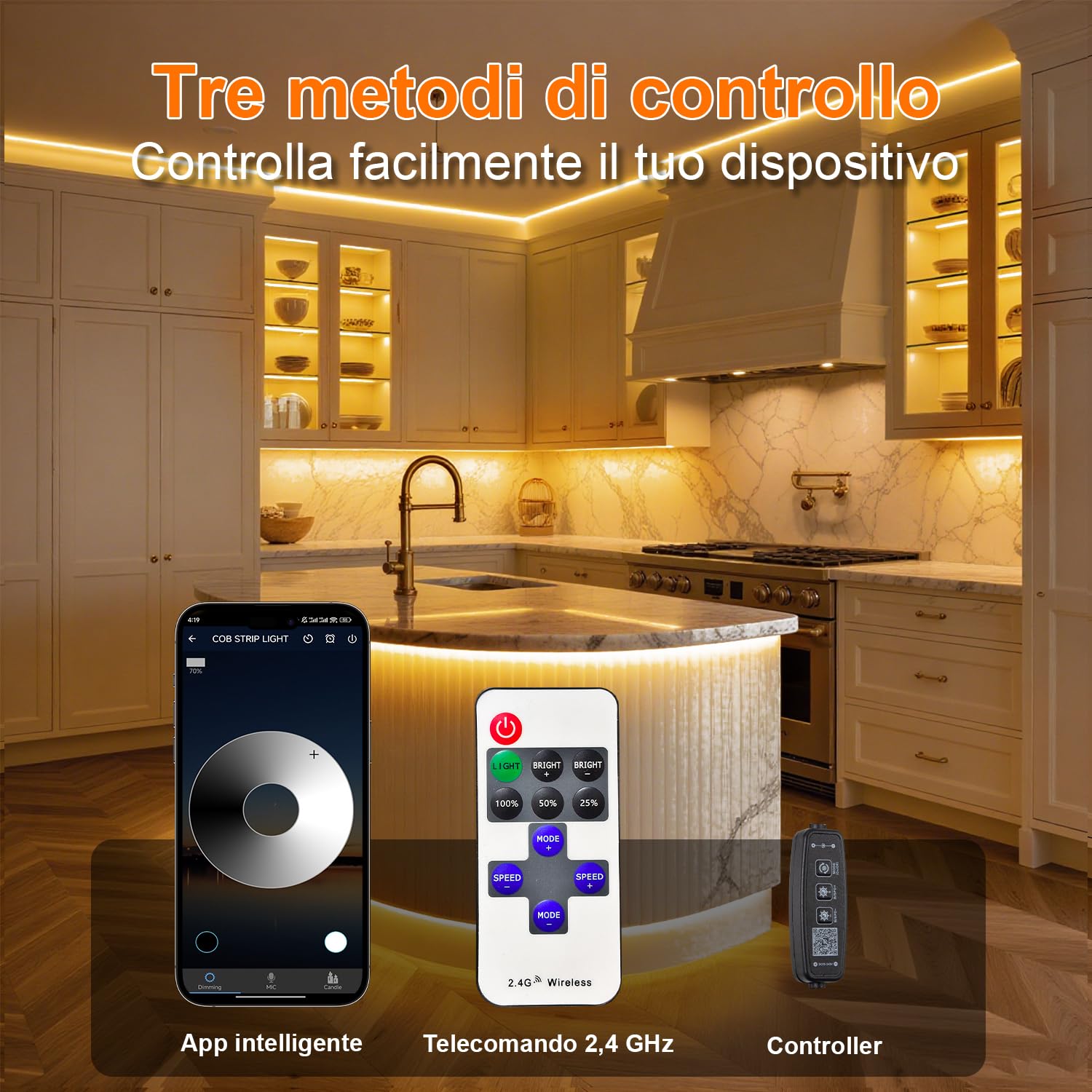 Gliztech Striscia LED COB 30m, Dimmerabile 2700K, Bianco Caldo CRI90+, con App e telecomando. Questa striscia LED COB è Adatta per l'illuminazione di Interni in Camere da Letto, Soggiorni, Cucine
