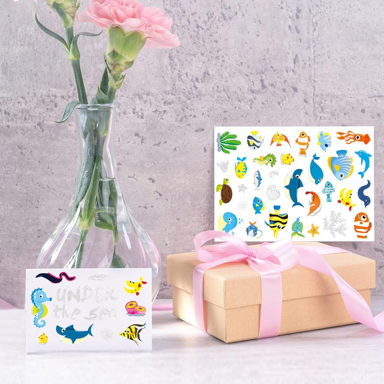 キラキラ 海 海 動物 一時的なタトゥーステッカー 590枚 シルバー 熱帯魚 サメ マーメイド パーティー 記念品 グッズ バッグ