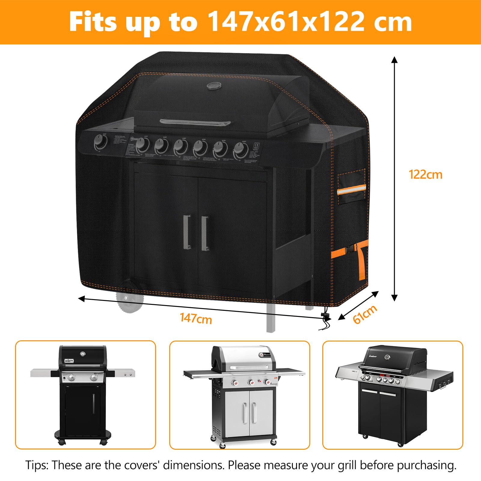 Copertura Barbecue da Esterno, Robusto Tessuto Oxford 600D Telo Impermeabile Protettivo 147x61x122cm, Copri Griglia BBQ con Sfiato Aria Antivento Anti Pioggia Polvere Sole Neve Nero