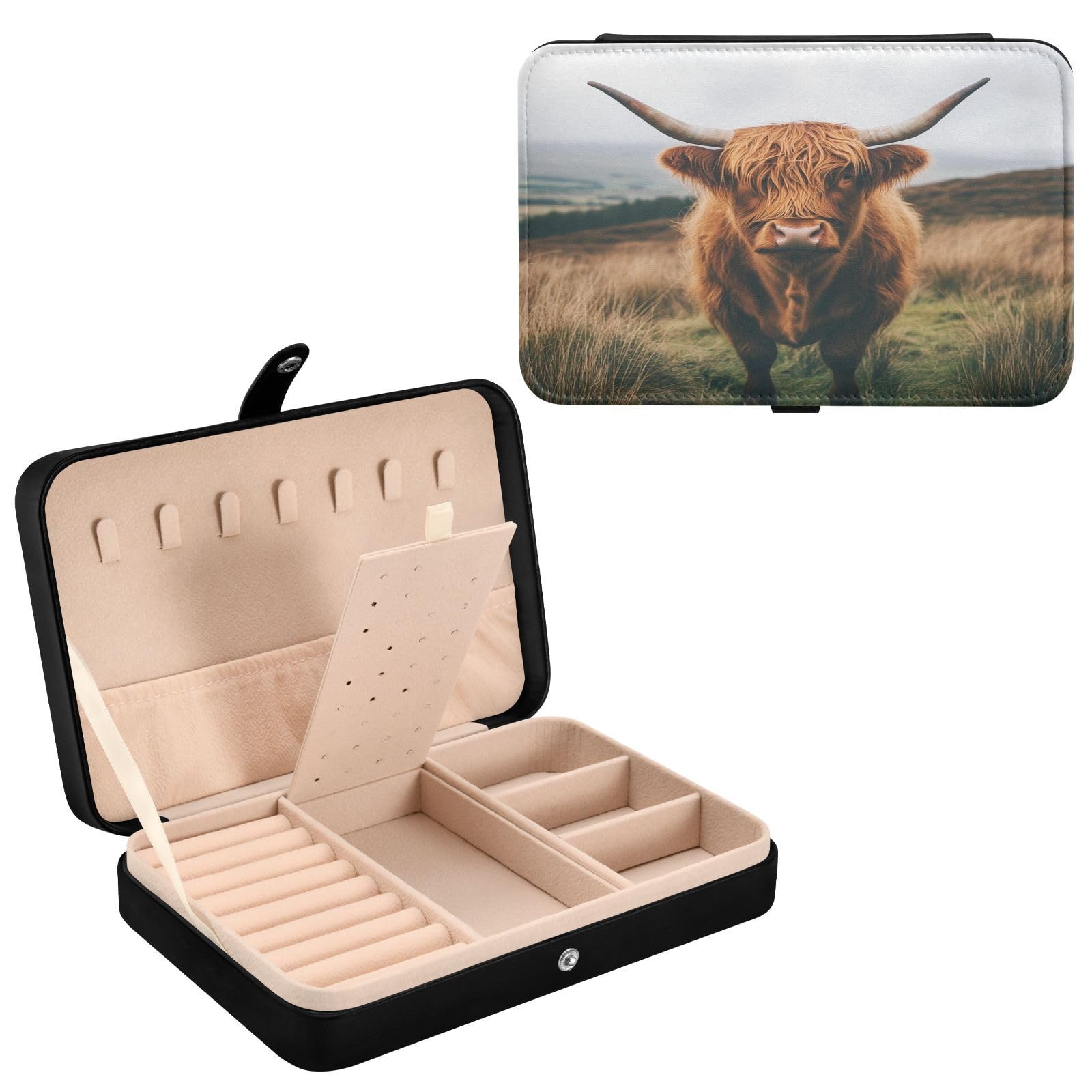 Haskirky Highland Cow Jewelry Box Portable PU Leather Travel Jewelry Organize for Women Jewelry Storage Display Holder for Ring, Necklace, Earring