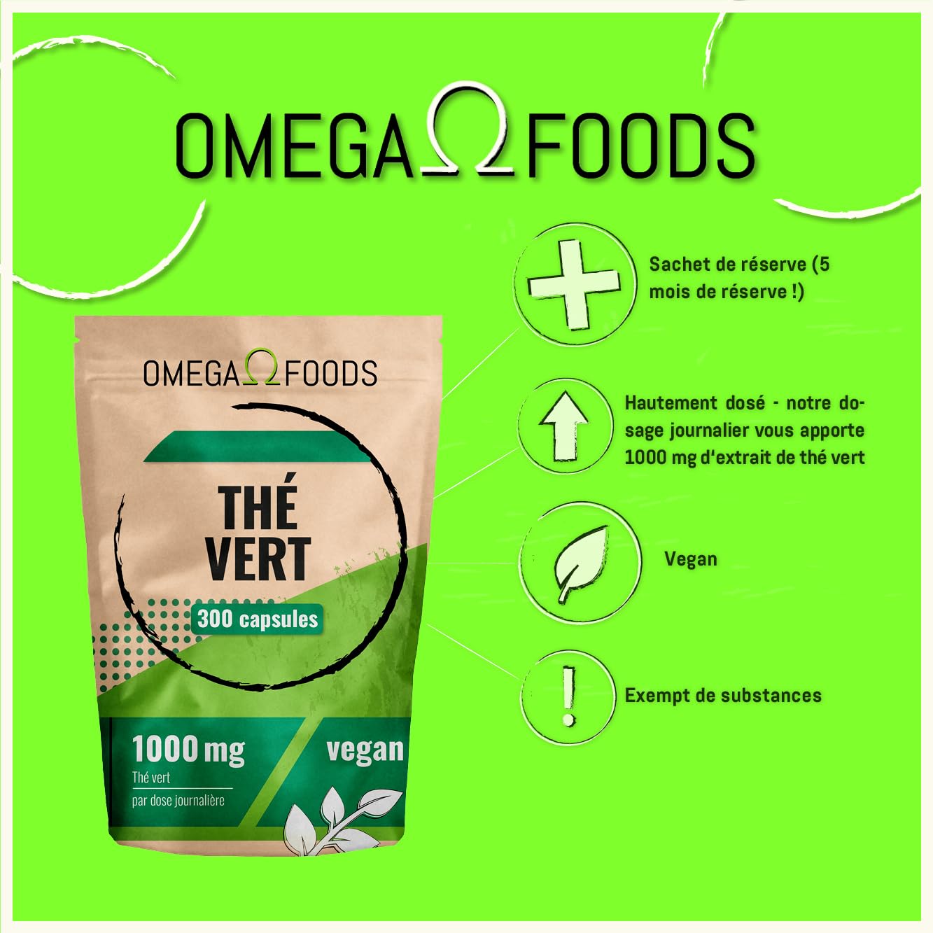 Gélules de thé vert – 300 gélules d’extrait de thé vert hautement dosé – 1 000 mg par dose quotidienne – Extrait de thévert