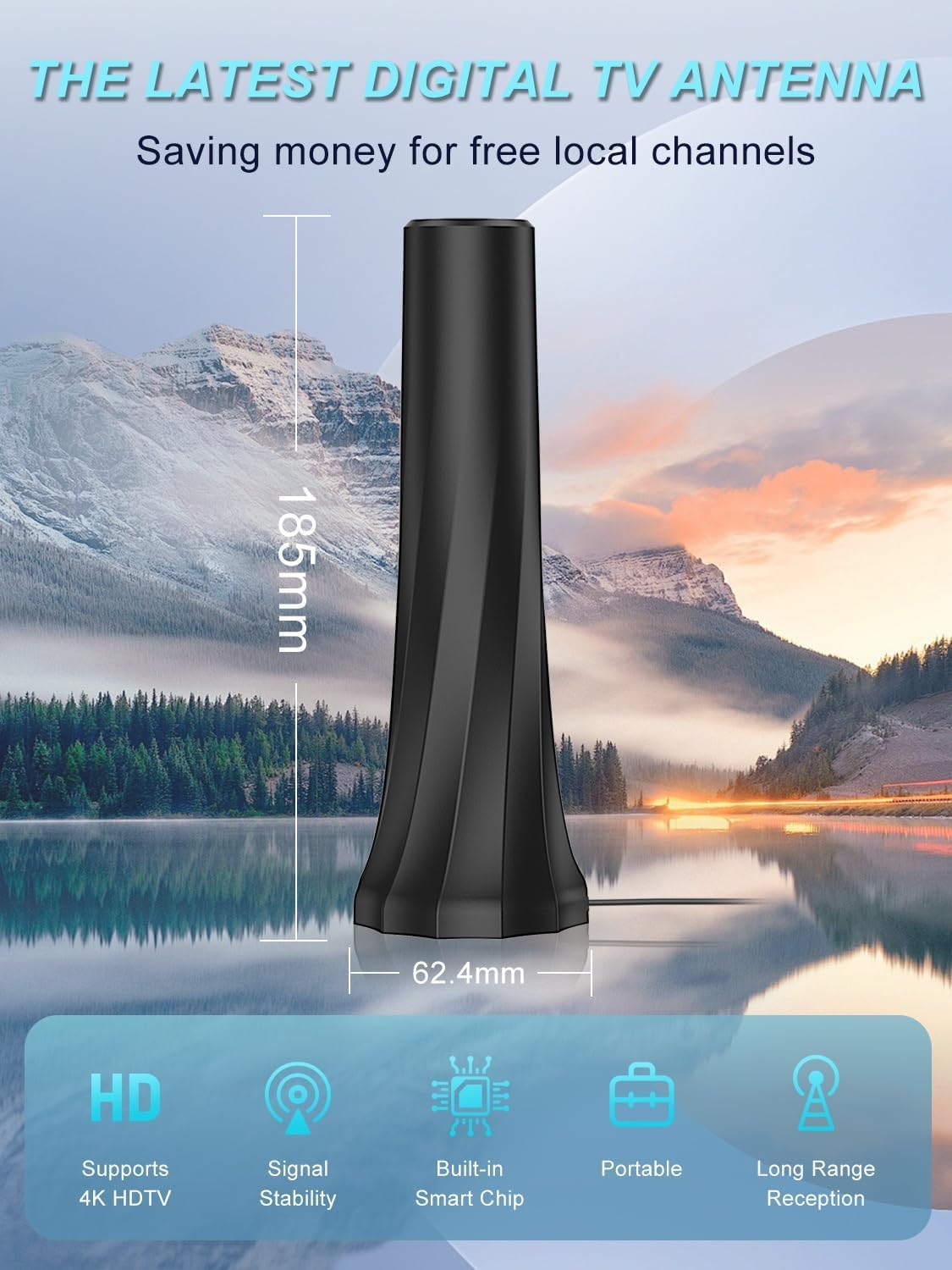 DVB-T/T2 Antenne mit Verstärker für Innen, Zimmerantenne für Fernseher, 360°-Empfang, Unterstützt 4K/1080P HD-Kanäle und alle Fernseher.
