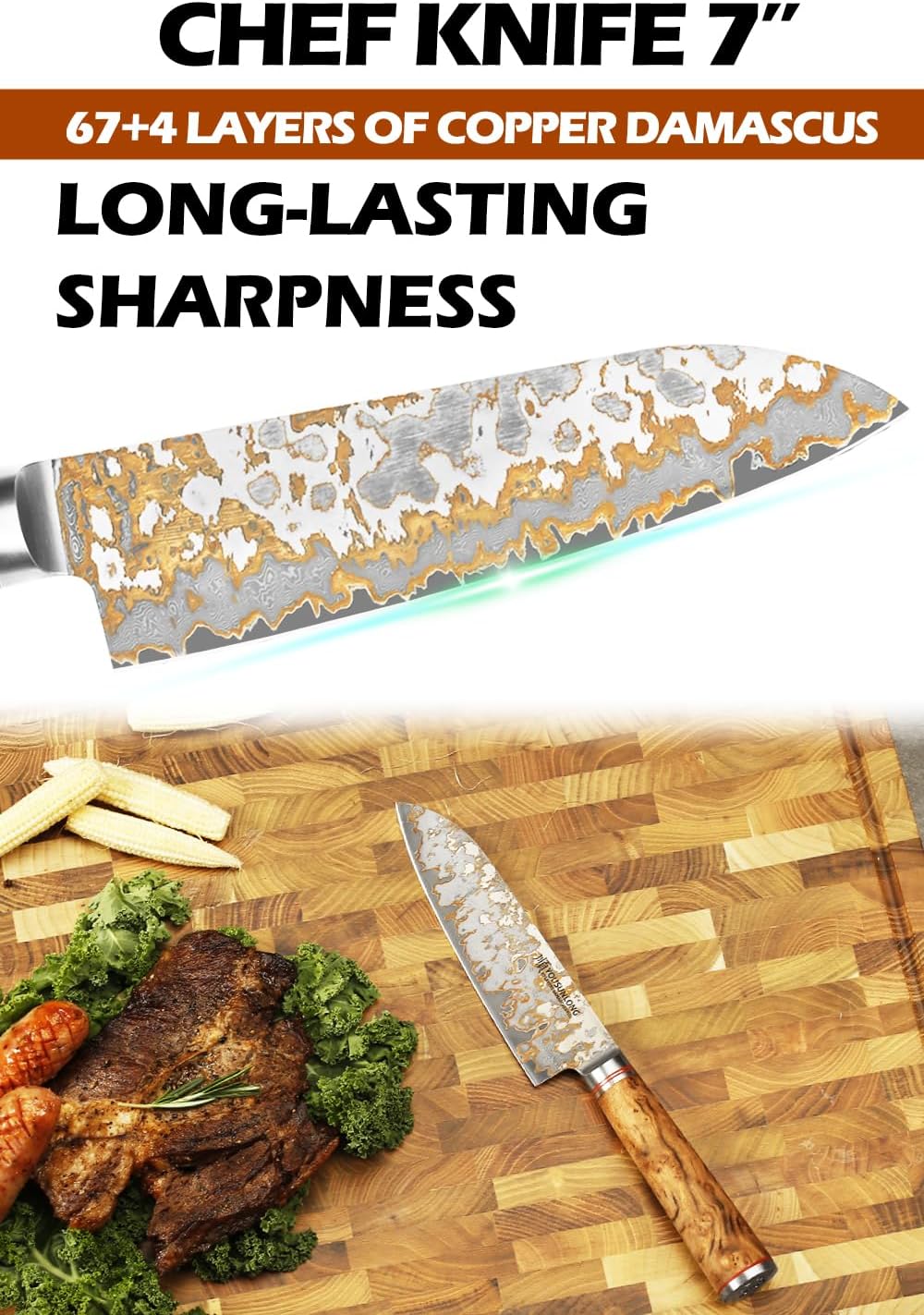 YOUSUNLONG Bunka Chef's Knives - Japanese Handmade CuMai Copper Damascus Steel Blade of 7 Inch - Professional Kitchen Knife Razor Sharp - Naturel Burl Wooden Handle with Leather and Wood Box