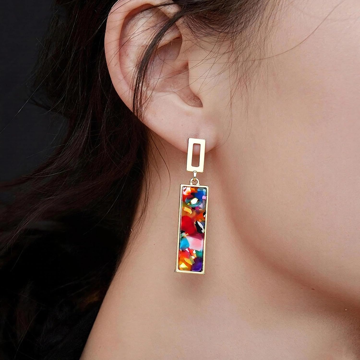 Coiris Clip on Dangle Earrings for women Colorful Rectangle Geometric Resin Dangle Boho Hypoallergenic Nonpierced Earrings for Sensitive Non-Pierced Ears - Image 3
