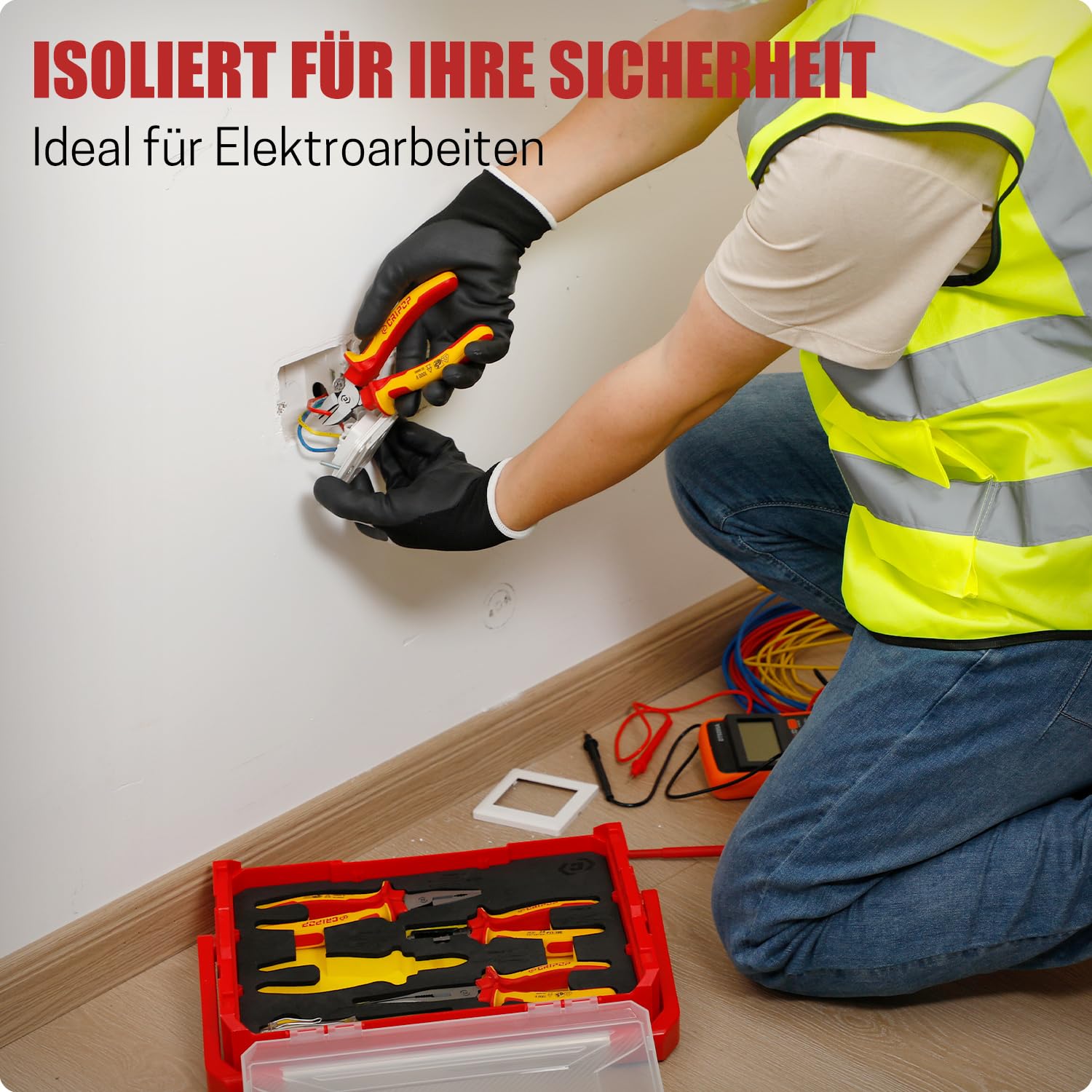 4 tlg VDE-isolierter Zangen-Satz, 1000V, inkl. 190mm Kombizange, 165mm Seitenschneider, 160mm Abisolierzange, 210mm Langnase & Spannungsprüfer,mit Aufbewahrungsbox für Profis