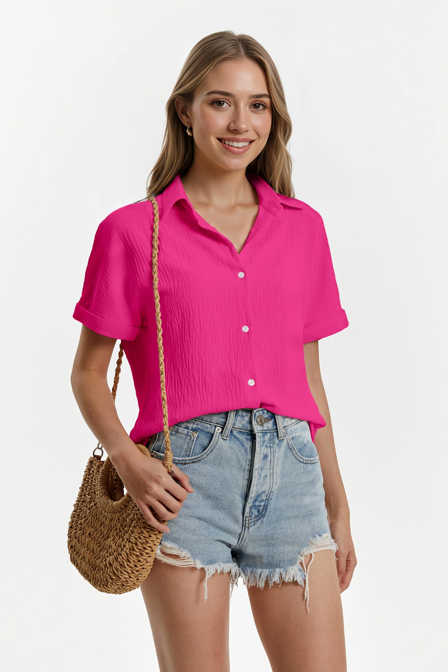 Camicia Donna Manica Cortae Camicette Donna Estive Scollo a V Camicetta Bottoni Larghi Casual Camicie Elegante Blusa Tinta Unita