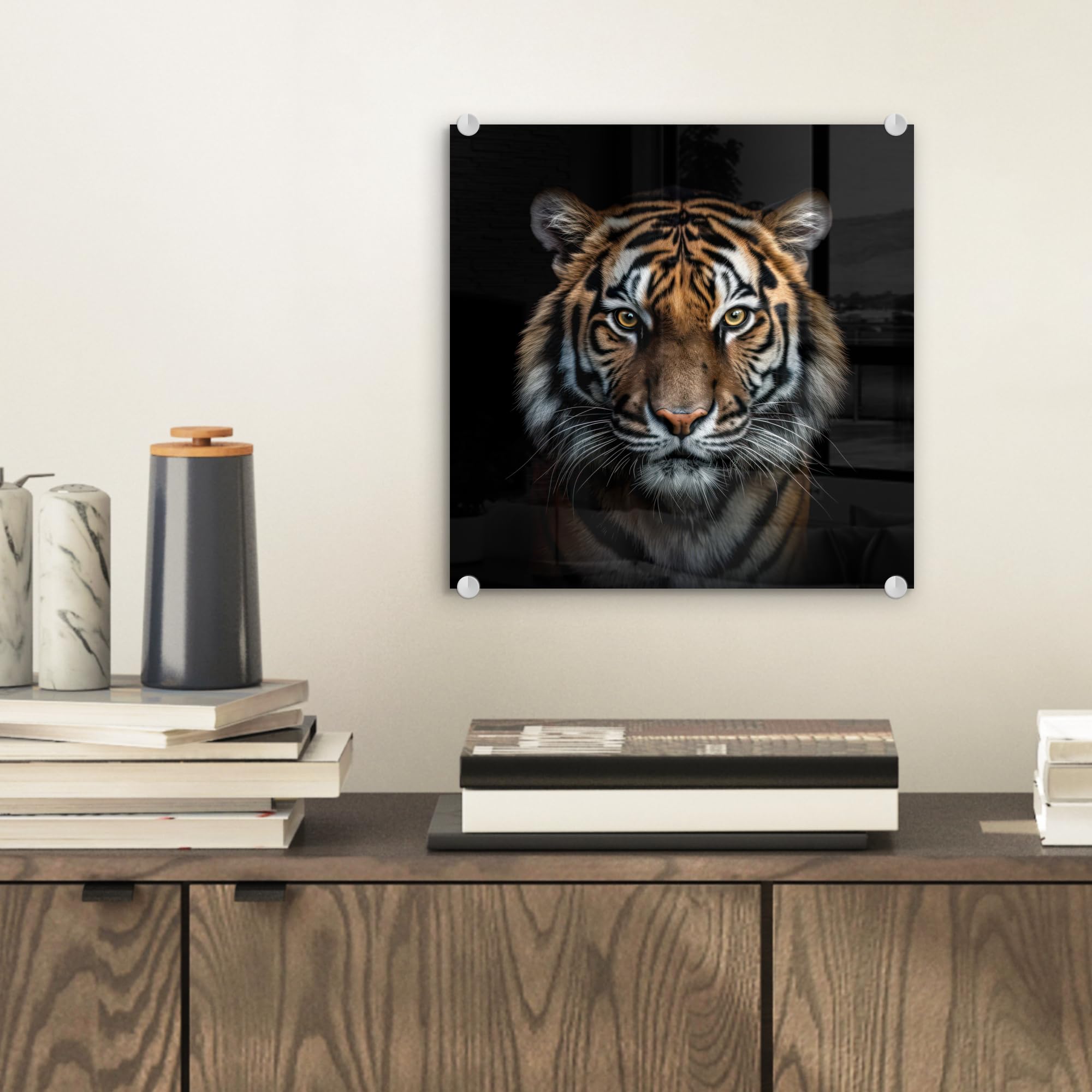 MuchoWow© Tableau en Verre 40x40 cm Déco Murale Salon Décoration Chambre Peinture Murale Déco pour la Maison Art Mural Tigre - Animaux - Noir - Portrait