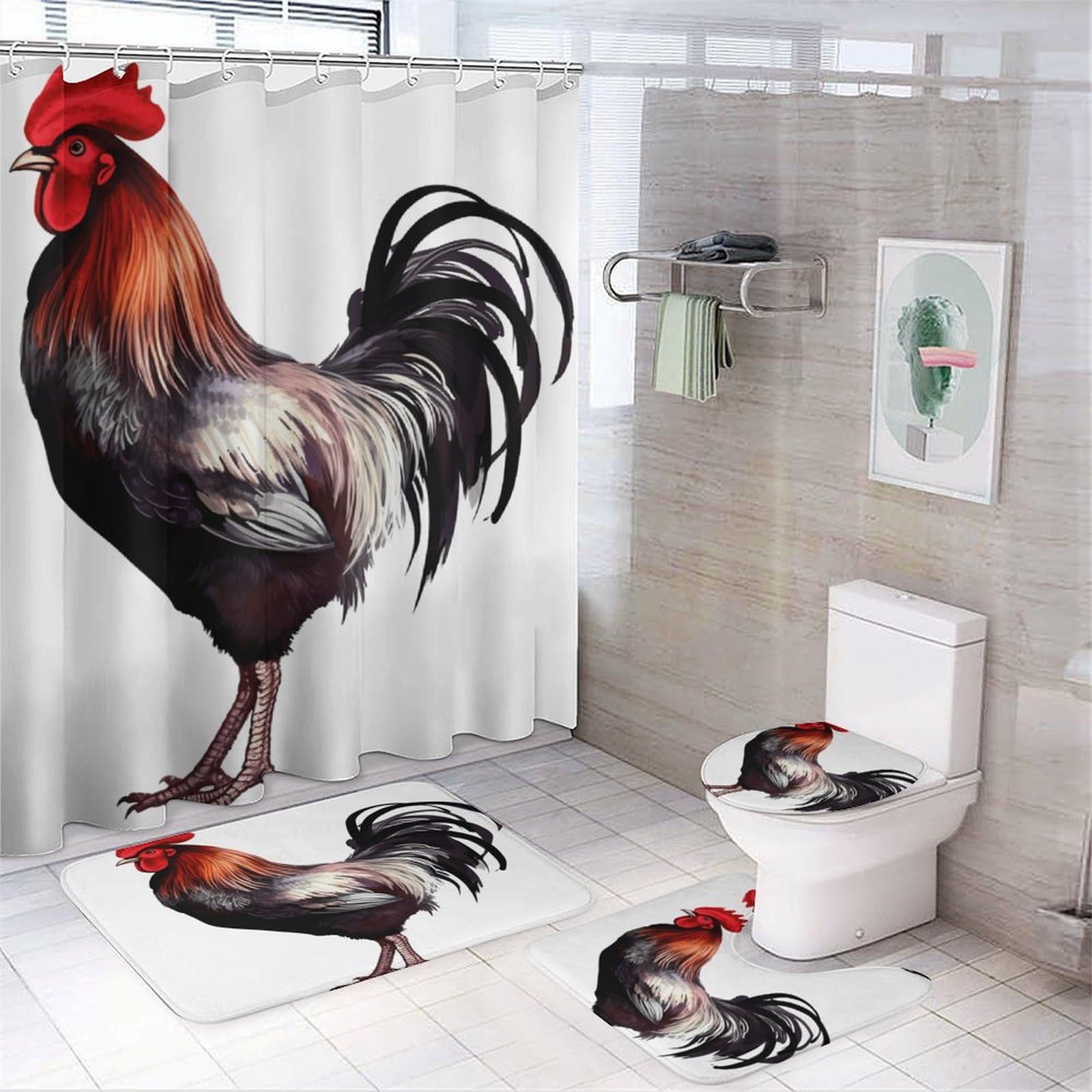 Ensemble de salle de bain avec rideau de douche et tapis coq 4pcs