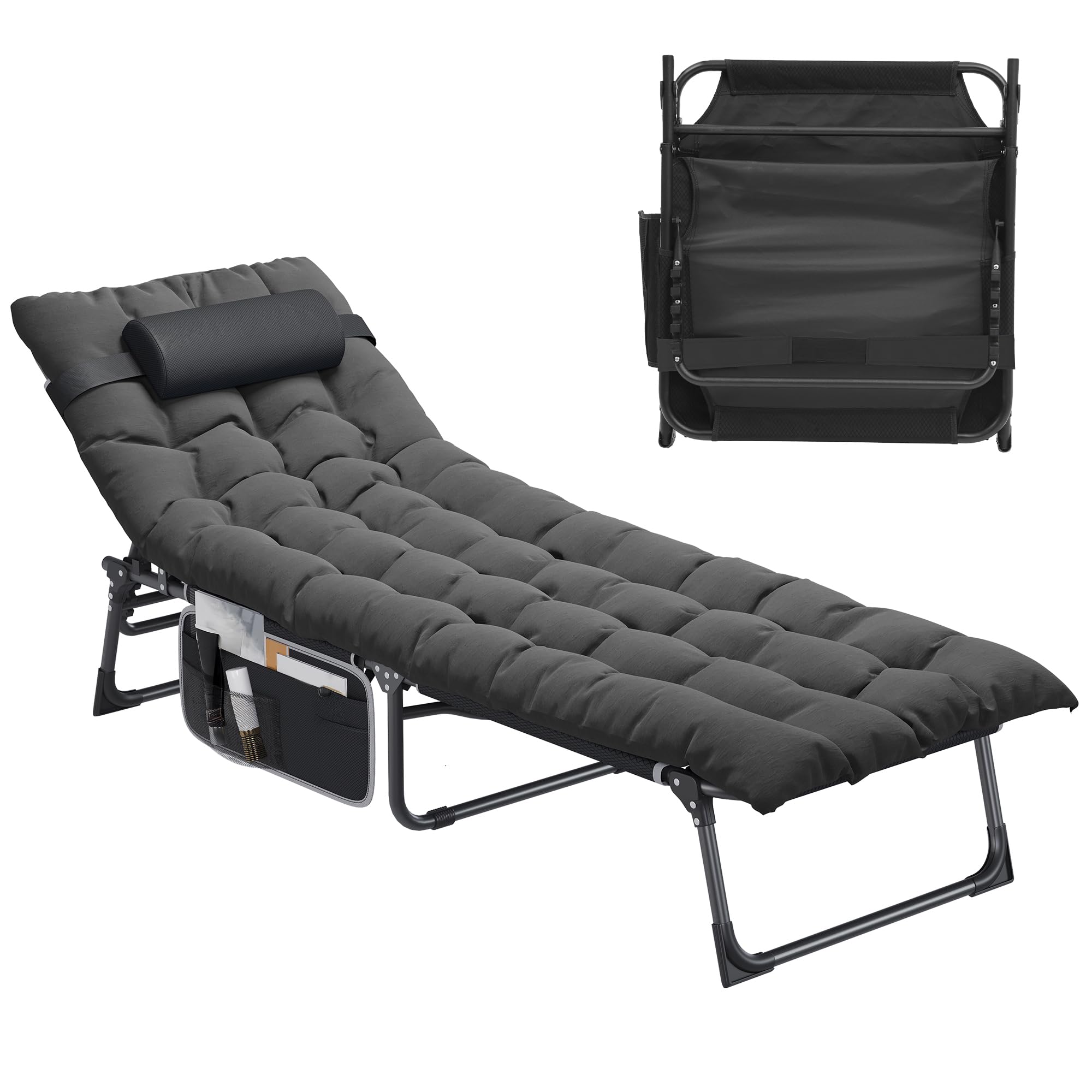Reclining Sun Lounger with Cushion 190x68x31cm Folding Sun Bed 5 Position Adjustable, Sunloungers with Removable Headrest & Side Pocket Load Capacity 300lbs for Garden, Beach, Camping, Black