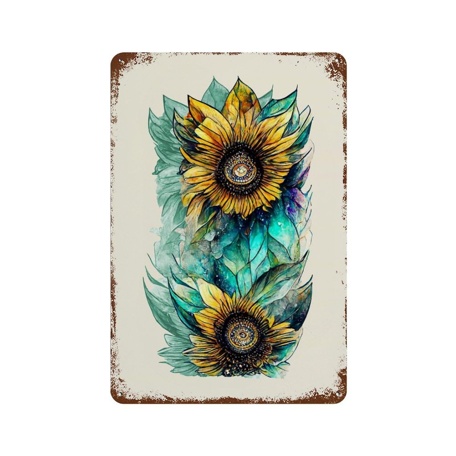 Garage Style Sunflower Painting Rust Effect Tin Sign 11.8"x7.9", Farmhouse Wall Decor for Bar And Workshop