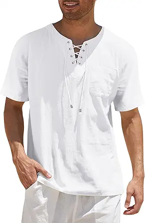 Men Casual Cotton Linen T Shirt Short Sleeve Beach Lace Up Hippie Shirt