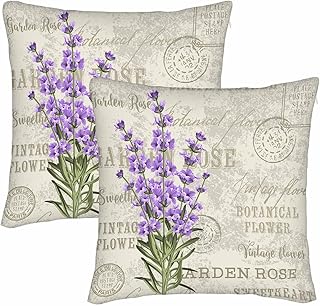 WONDERTIFY Lavender Throw Pillow Covers Elegant Vintage Lavender Flowers Square Pillow Cases Set of 2 for Decorative Cushi...