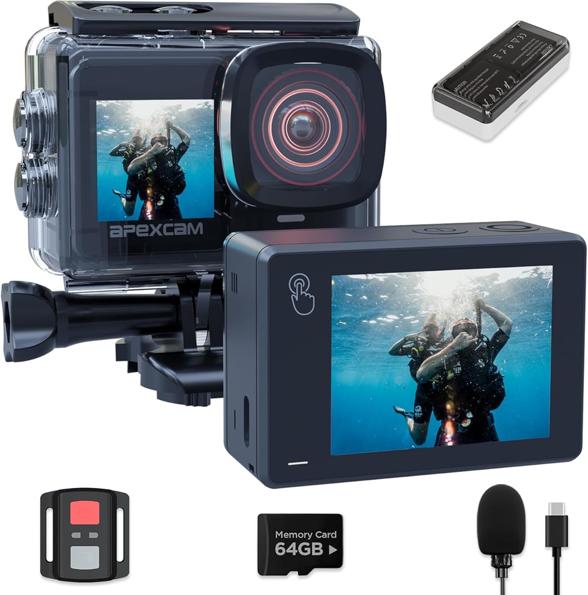 Apexcam 4K 60FPS Action Camera 48MP Dual Touch Screen Camera EIS with 64GB SD Card, 131FT 40M Waterproof Underwater Sports Camera, 2 x 1350mAh Battery, Remote Control, Mounting Accessories Kit