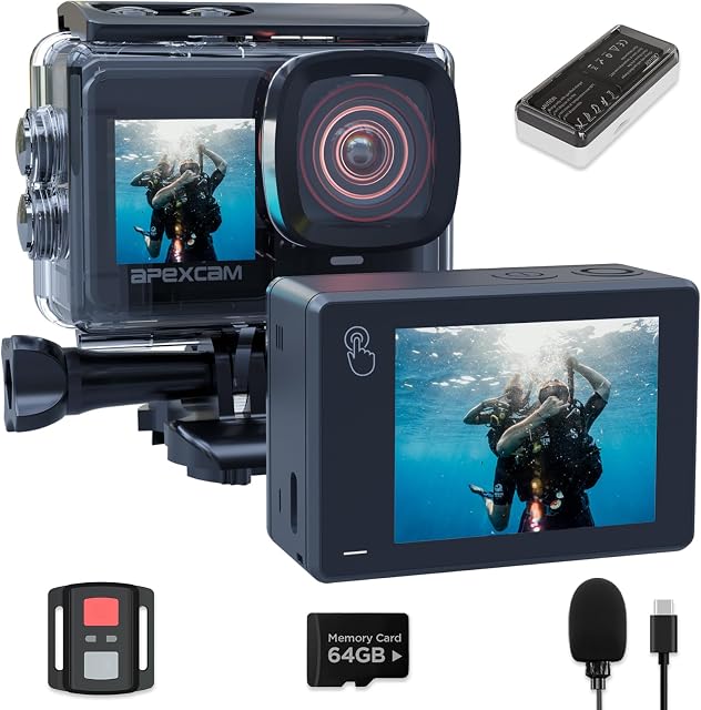 Apexcam Dual Screen Action Camera 4K60FPS Touchscreen 8X Zoom EIS 64MP with 64GB Card Ultra HD WiFi Sports Camera Underwater Camera 40m Waterproof 2.4G Remote Control 2x1350mAh Batteries