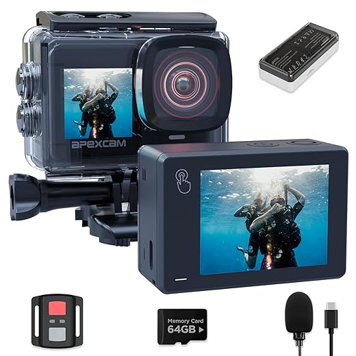 Apexcam X80Pro Action Cam met 64G-kaart, 4K60FPS 48MP, met dubbele schermen, EIS-stabilisatie, wifi, sportcamera, onderwatercamera, 40 m, waterdicht, 8 x zoom, afstandsbediening, 2 x 1350 mAh