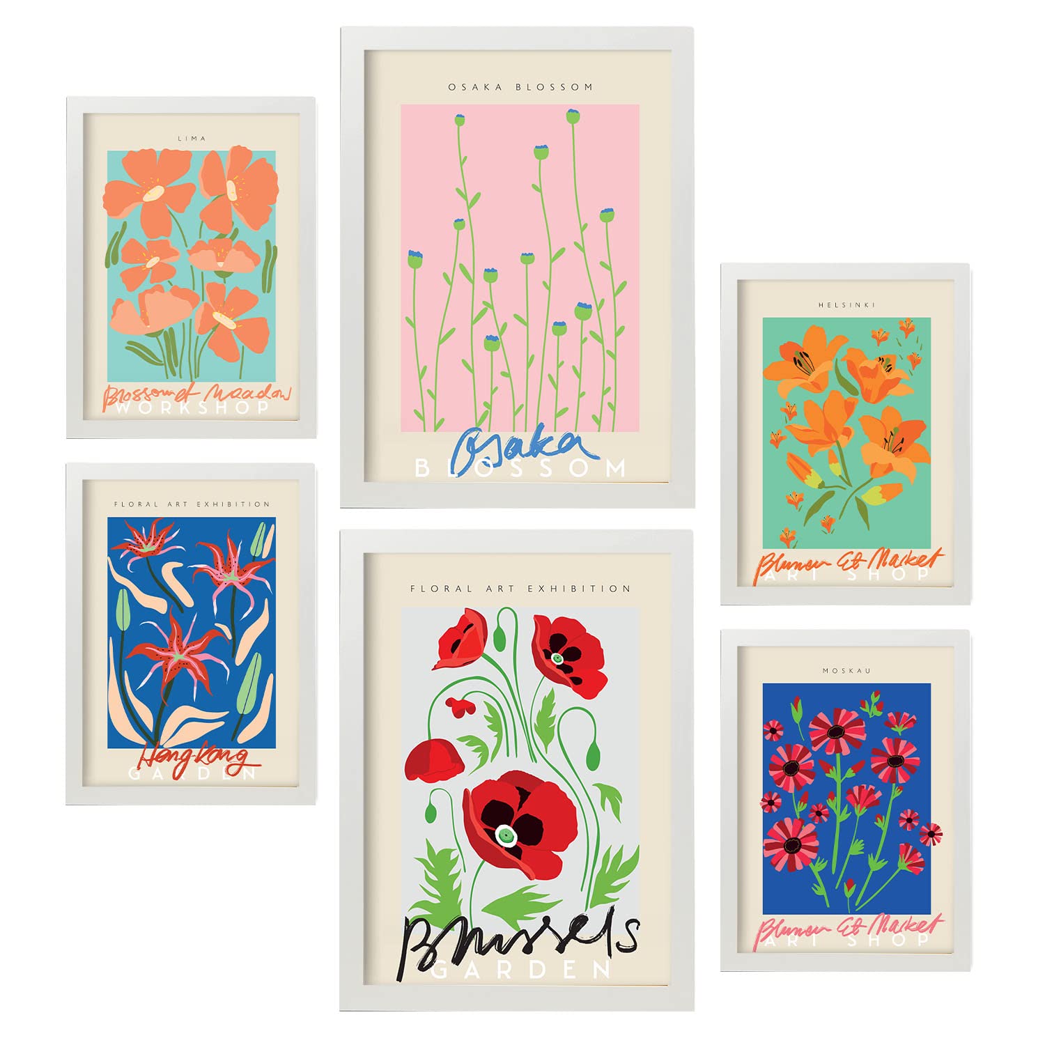 Nacnic Set of 6 posters Spring flowers. Collection of posters in collage aesthetic for interior decoration. Sizes A3 and A4. White frames.