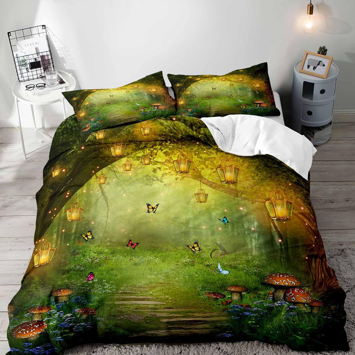 LUVIVIHOME 2PCS Green Enchanted Forest Duvet Cover Twin Bedding Sets, Wonderland Fairy Tale Lantern Mushroom Wildflower Butterfly Garden Magic Woodland Boys Girls Kids Comforter Cover, 1 Pillow Case