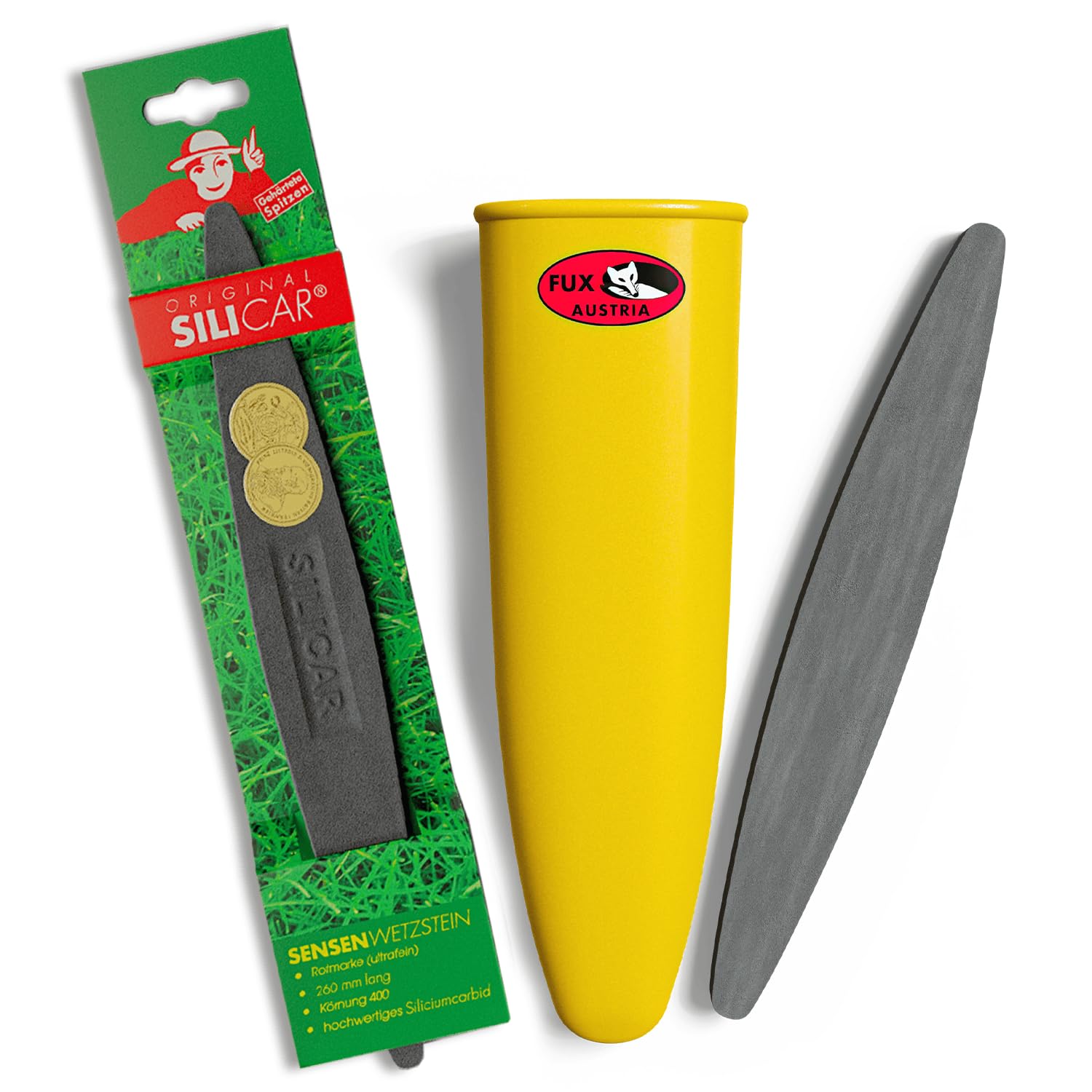 3er Set Wetzstein für Sensen – inkl. Sensenwetzsteine grob NK150 aus Norm alkorund, fein CD400 aus Siliciumcarbid und Schleifsteinhalter für Gürtel