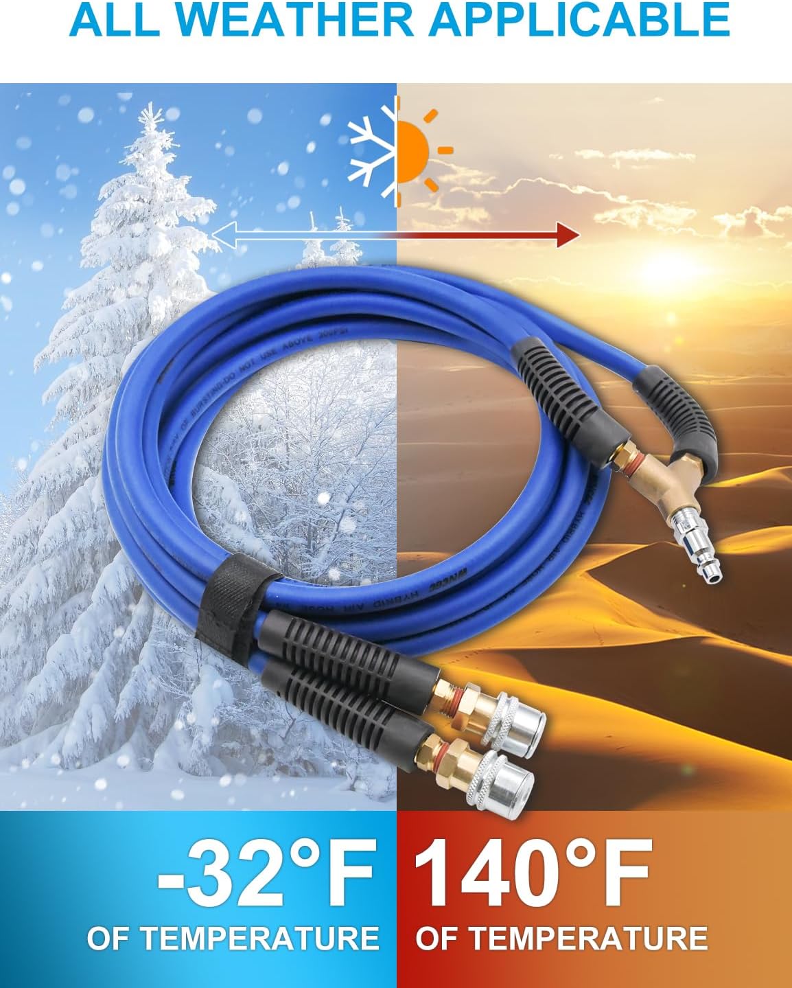 2 Way Tire Inflation Hose 1/4 Inch x 8.2FT Hybrid Air Hose, Heavy Duty Air Compressor Hose with 1/4" Industrial Quick Coupler Fittings, 300 PSI