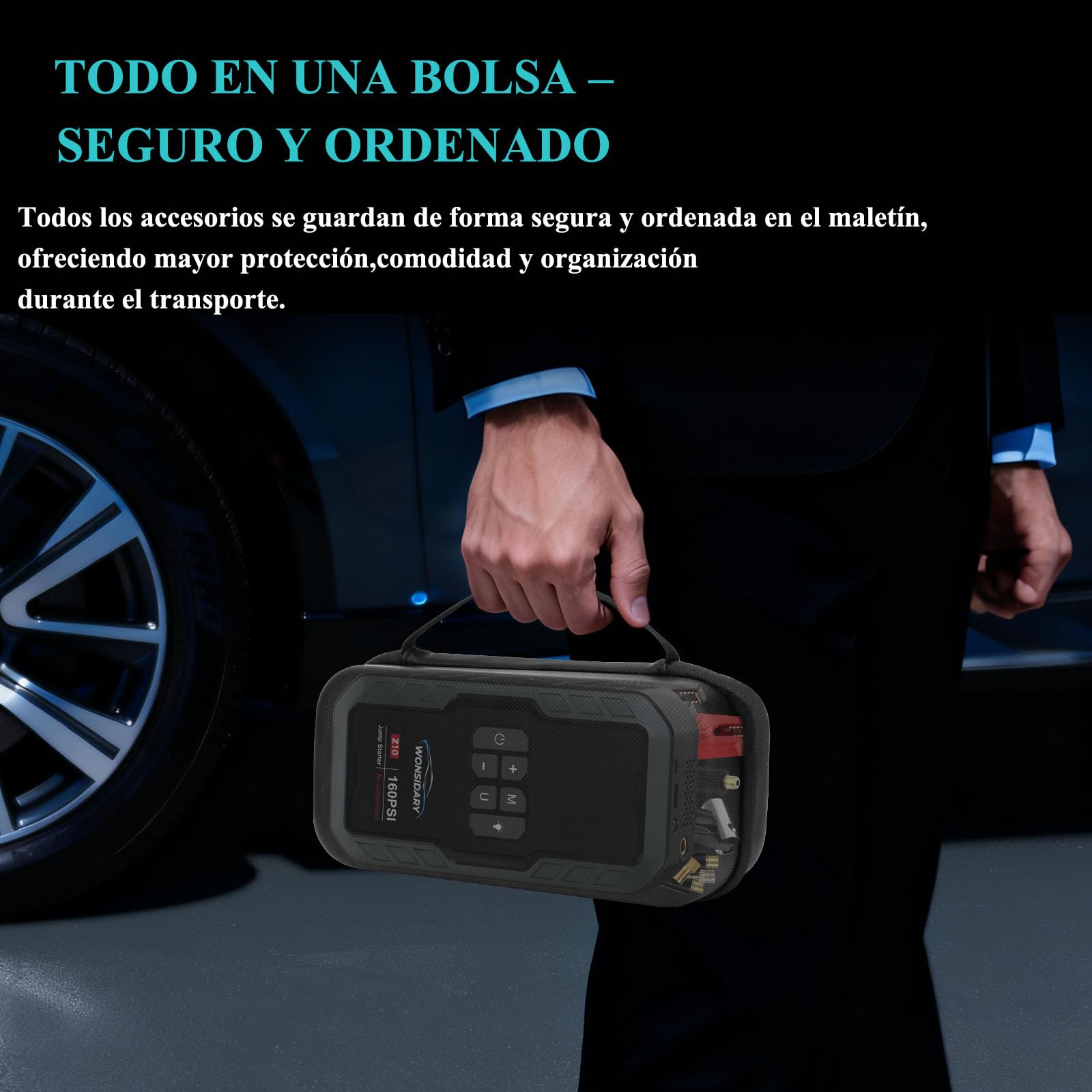 Arrancador de Baterias de Coche 7000A con Compresor,160PSI Inflador de Neumáticos,27000mAh 12V Jump Starter (Todo Gasolina o 8.0L Diésel),Doble LED con 4 Modos de Luz,Pantalla LCD, Kit de Viaje