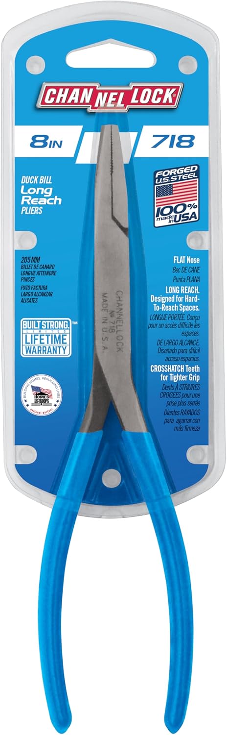 Channellock 718 8-Inch Flat Nose Pliers | Duckbill Jaw Pliers with Extra Long Nose and Crosshatch Teeth Pattern Designed for Hard-to-Reach Places | Forged of High Carbon Steel | Made in the USA